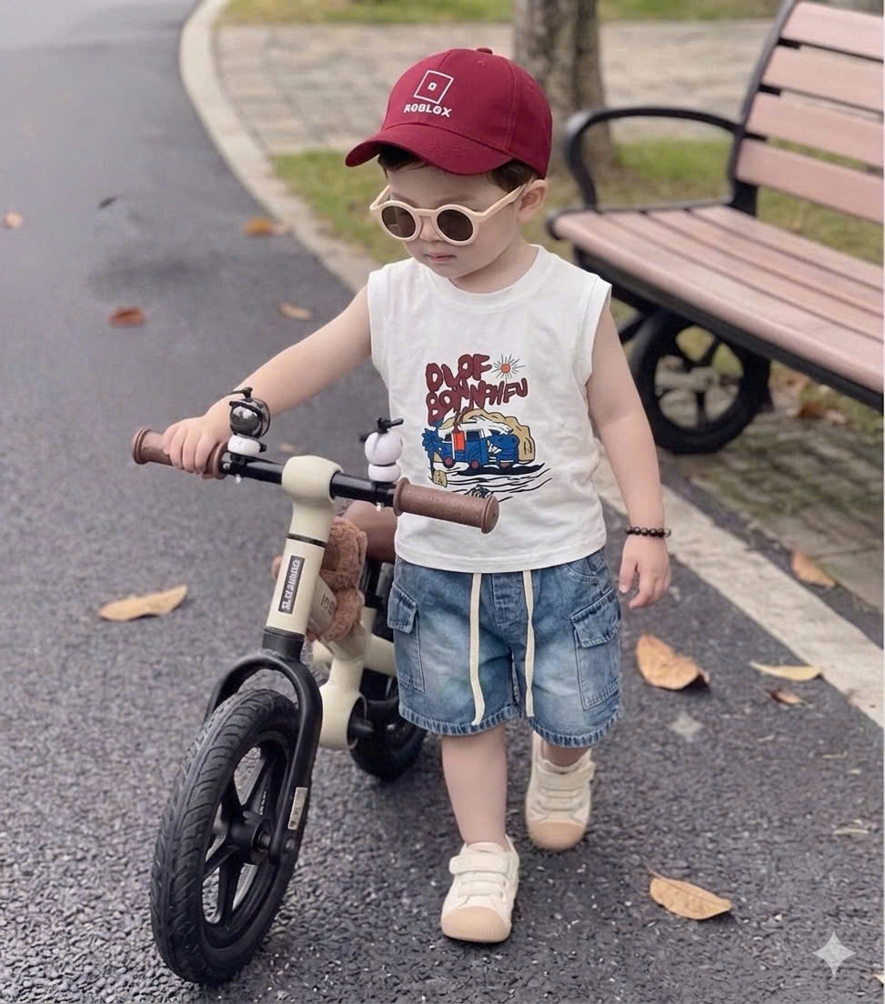 T316 - BỘ ĐÙI BÉ TRAI ÁO BA LỖ TRẮNG QUẦN BÒ KÈM MŨ ĐỎ
