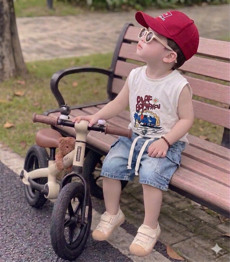 T316 - BỘ ĐÙI BÉ TRAI ÁO BA LỖ TRẮNG QUẦN BÒ KÈM MŨ ĐỎ