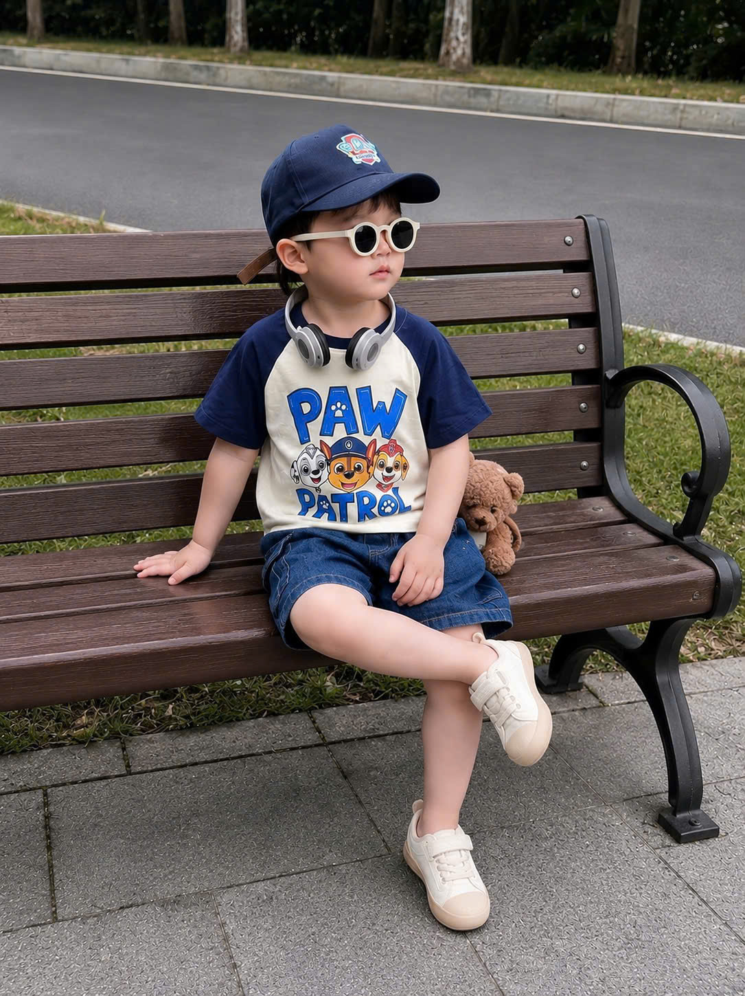 T331 - BỘ ĐÙI BÉ TRAI ÁO TRẮNG CHÓ PAW PATROL QUẦN BÒ KÈM MŨ