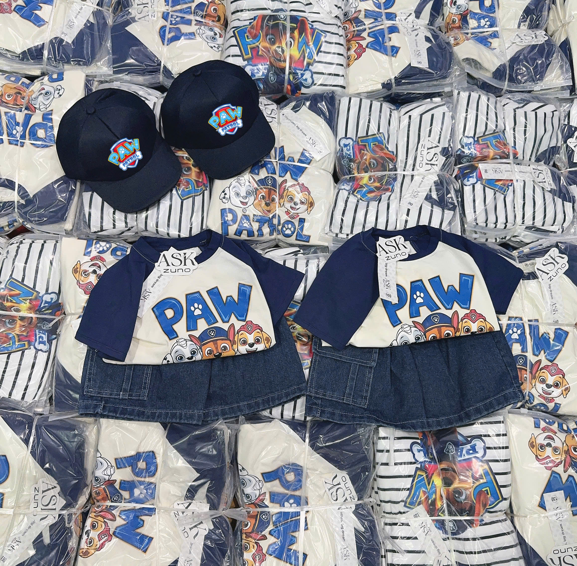 T331 - BỘ ĐÙI BÉ TRAI ÁO TRẮNG CHÓ PAW PATROL QUẦN BÒ KÈM MŨ