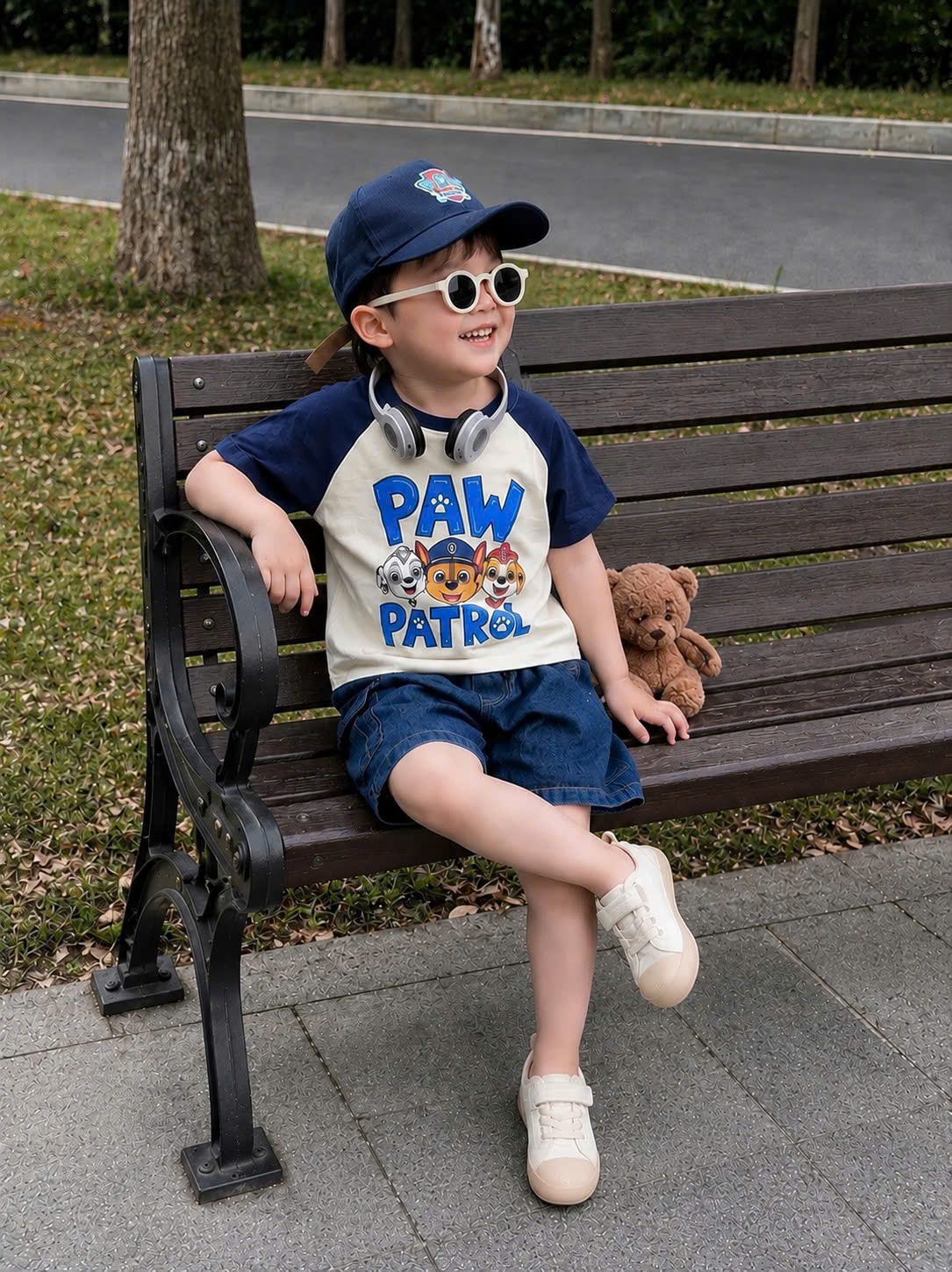 T331 - BỘ ĐÙI BÉ TRAI ÁO TRẮNG CHÓ PAW PATROL QUẦN BÒ KÈM MŨ