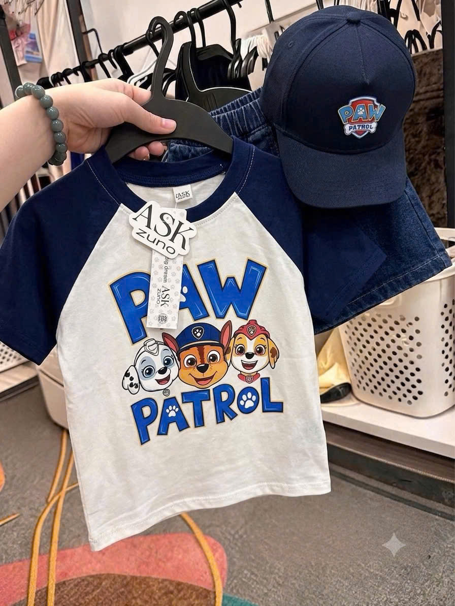 T331 - BỘ ĐÙI BÉ TRAI ÁO TRẮNG CHÓ PAW PATROL QUẦN BÒ KÈM MŨ