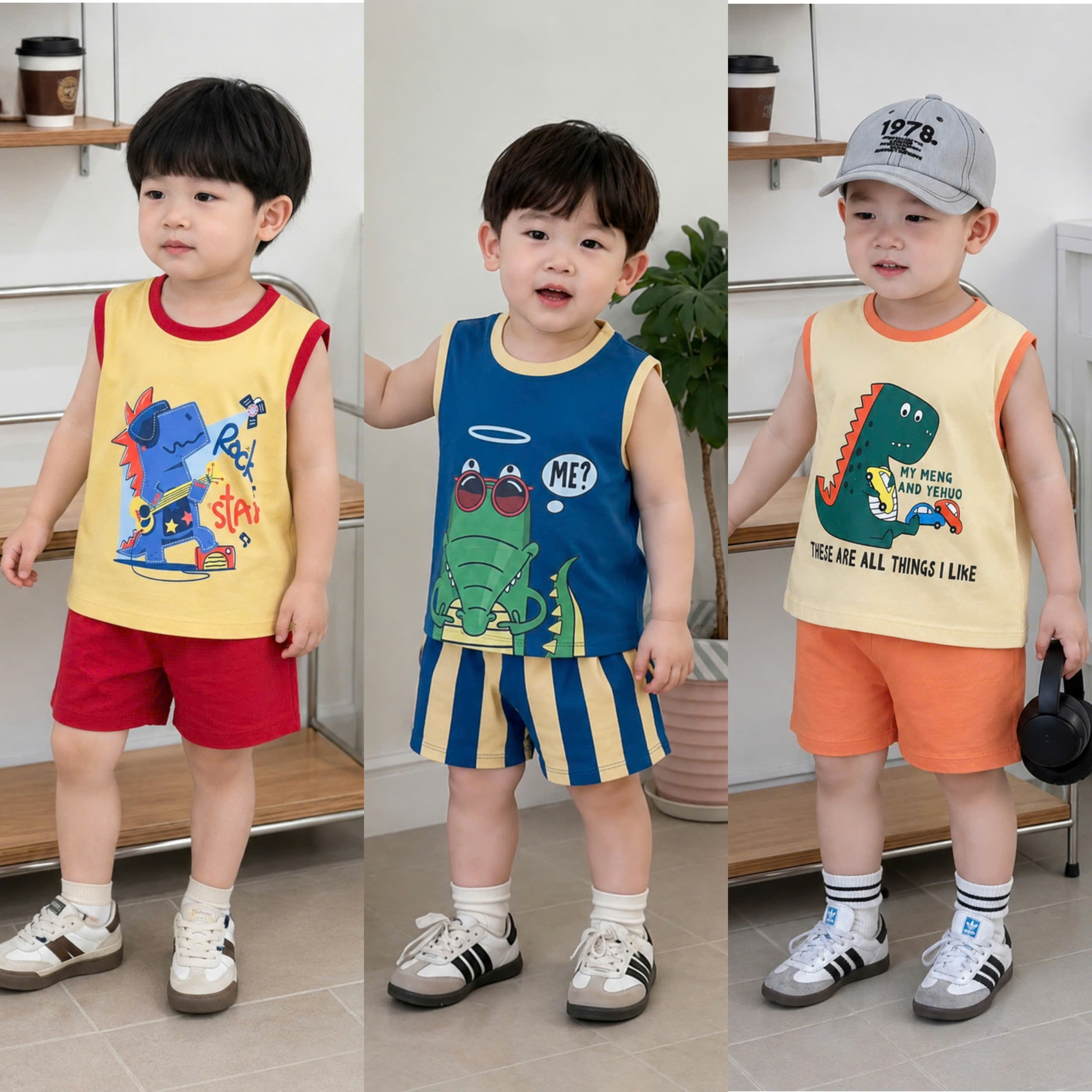 T333 - SET 3 BỘ ĐÙI BÉ TRAI BA LỖ KHỦNG LONG xanh vàng be