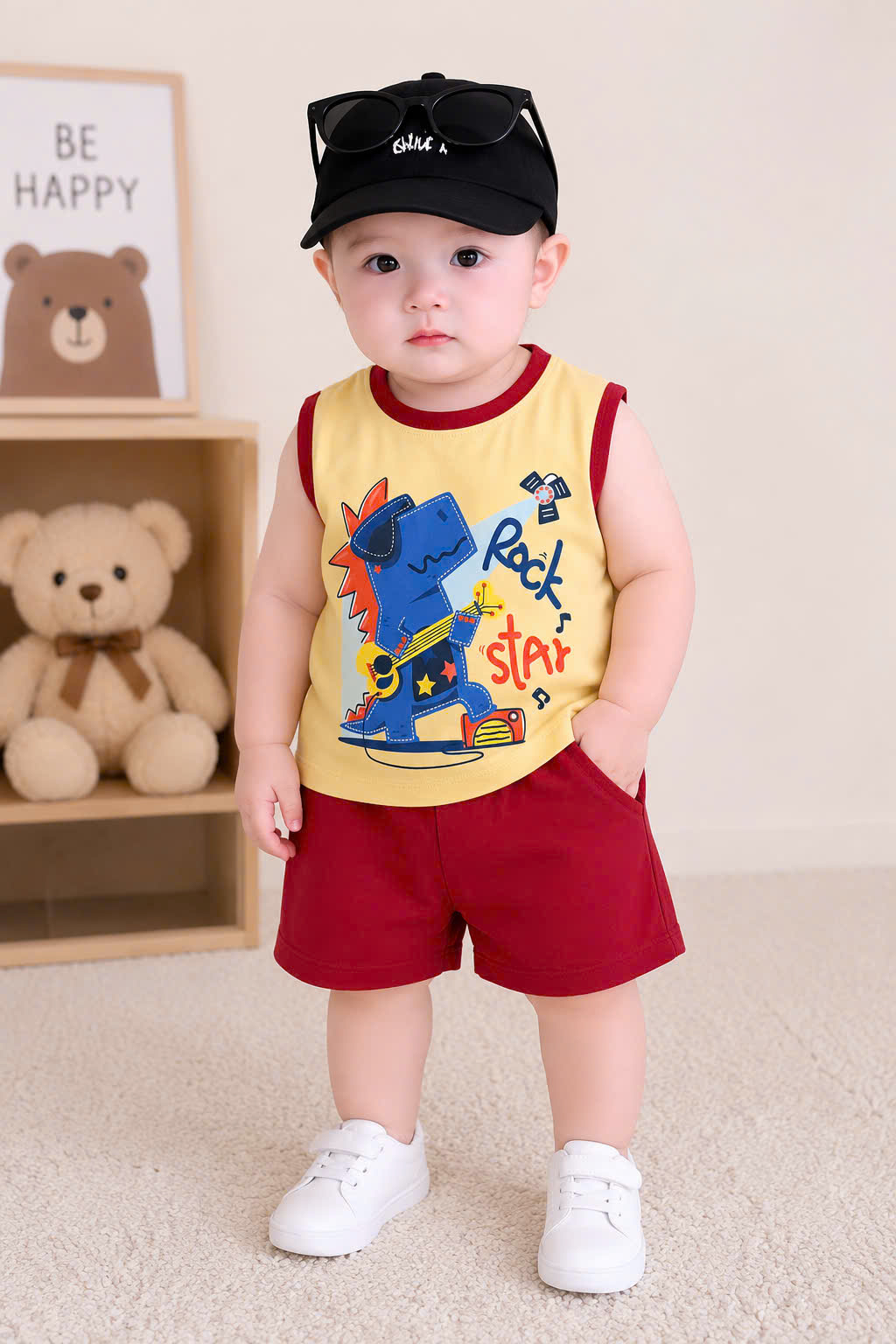 T333 - SET 3 BỘ ĐÙI BÉ TRAI BA LỖ KHỦNG LONG xanh vàng be