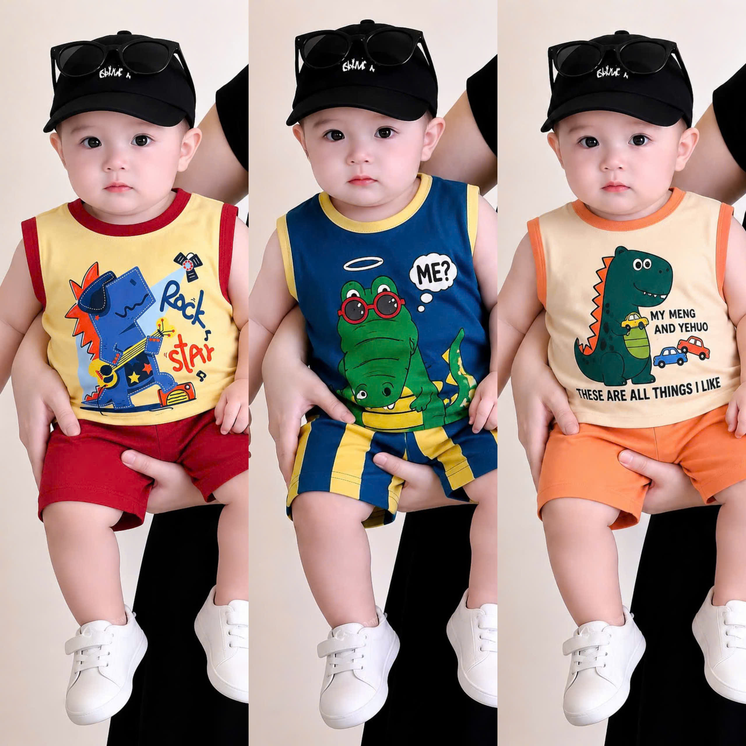 T333 - SET 3 BỘ ĐÙI BÉ TRAI BA LỖ KHỦNG LONG xanh vàng be