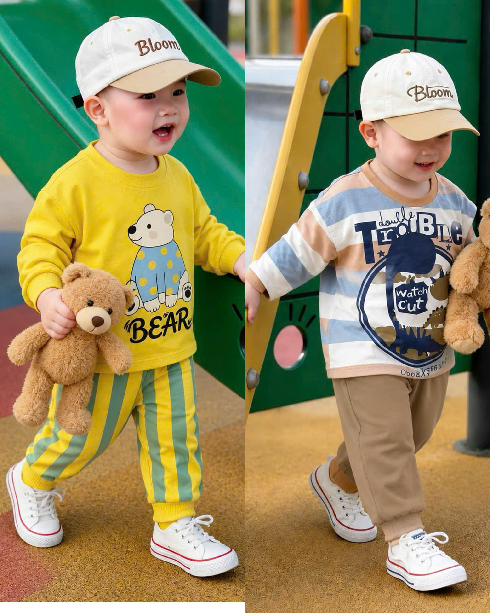 T339 - SET 2 BỘ BÉ TRAU DÀI TAY GẤU BEAR vàng kẻ