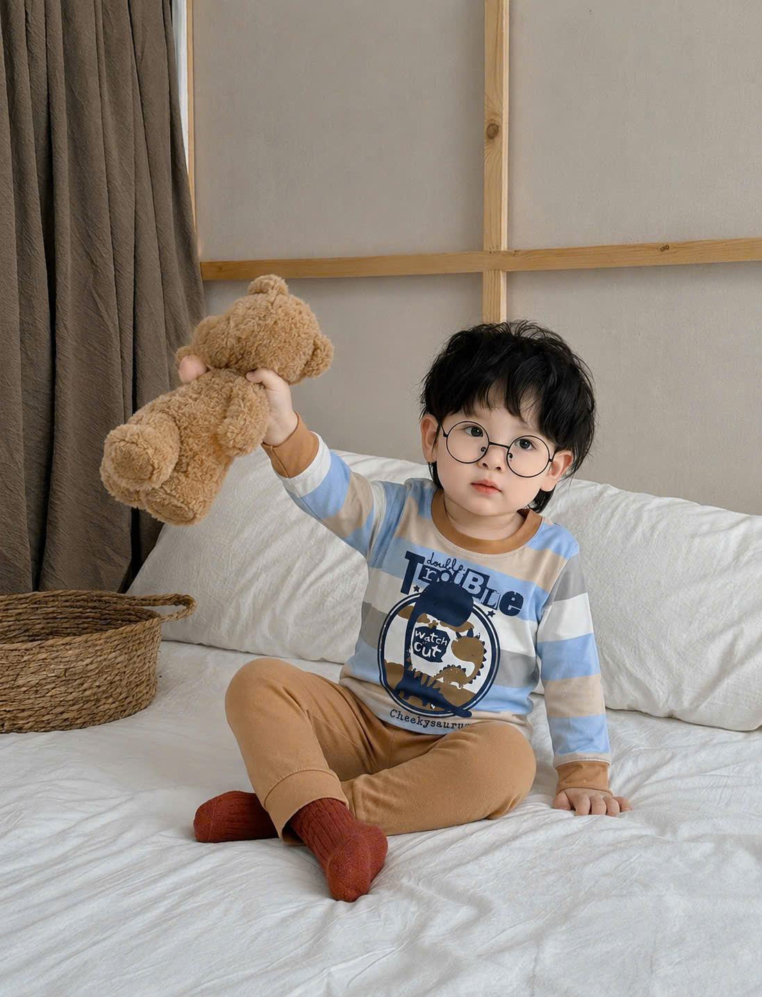 T339 - SET 2 BỘ BÉ TRAU DÀI TAY GẤU BEAR vàng kẻ