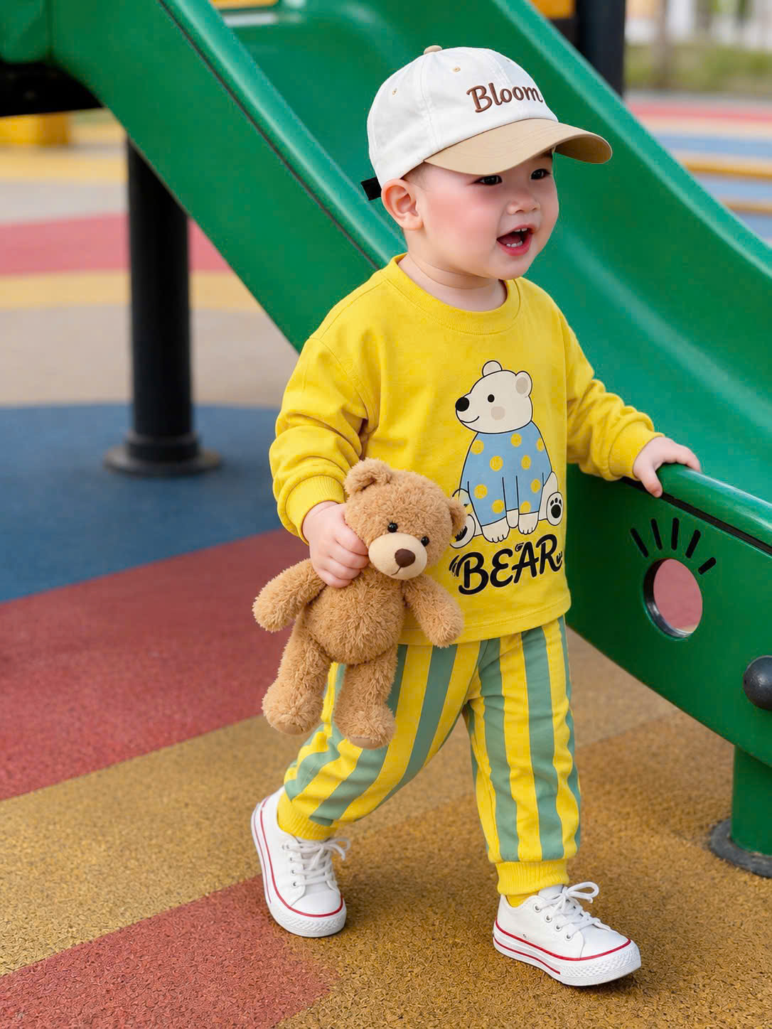 T339 - SET 2 BỘ BÉ TRAU DÀI TAY GẤU BEAR vàng kẻ