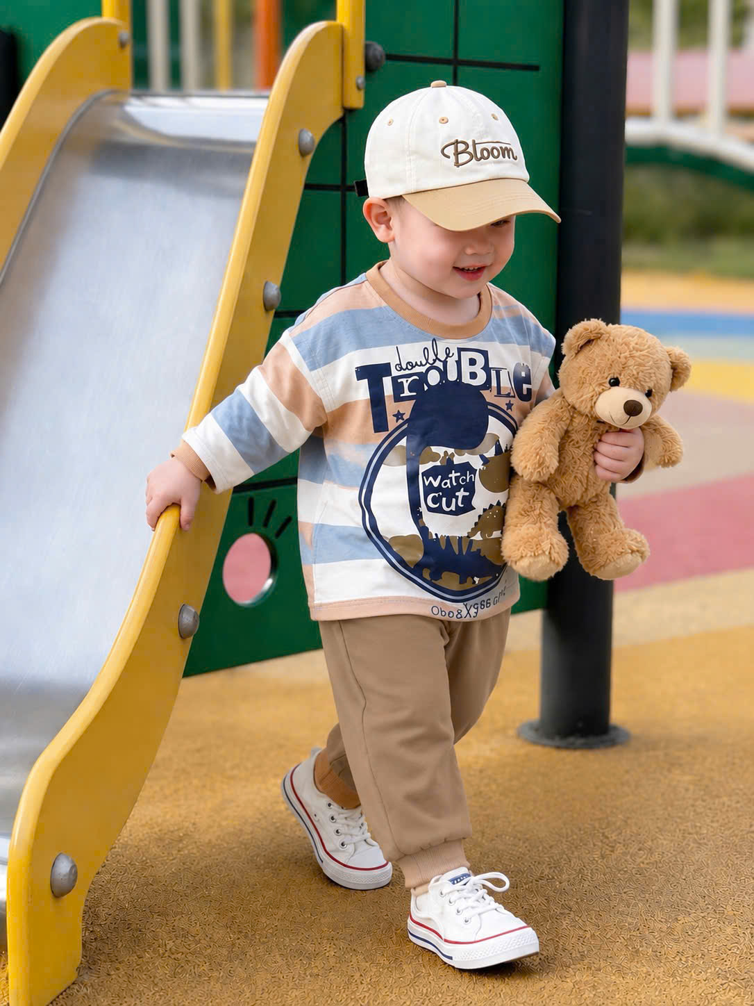 T339 - SET 2 BỘ BÉ TRAU DÀI TAY GẤU BEAR vàng kẻ