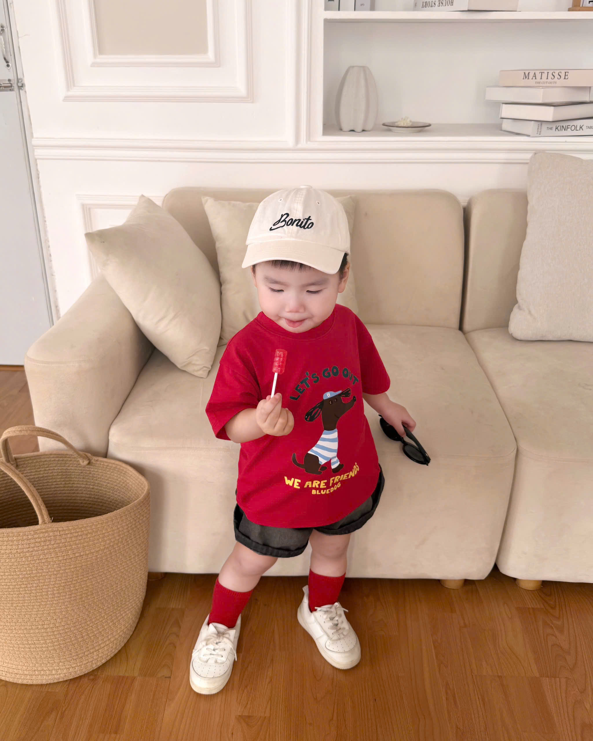 T343 - BỘ ĐÙI BÉ TRAI ÁO ĐỎ CHÓ LETS GO QUẦN BÒ XÁM