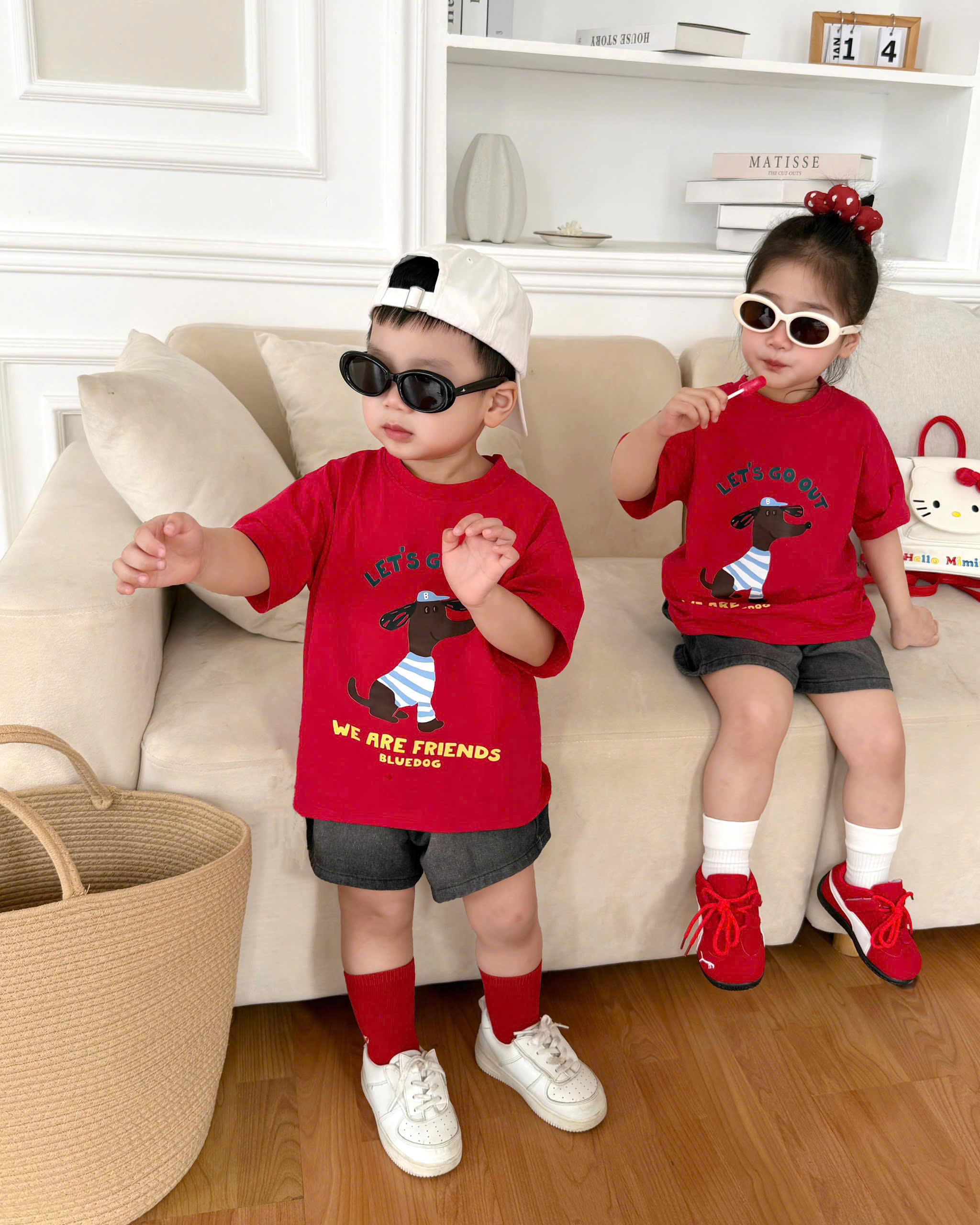 T343 - BỘ ĐÙI BÉ TRAI ÁO ĐỎ CHÓ LETS GO QUẦN BÒ XÁM