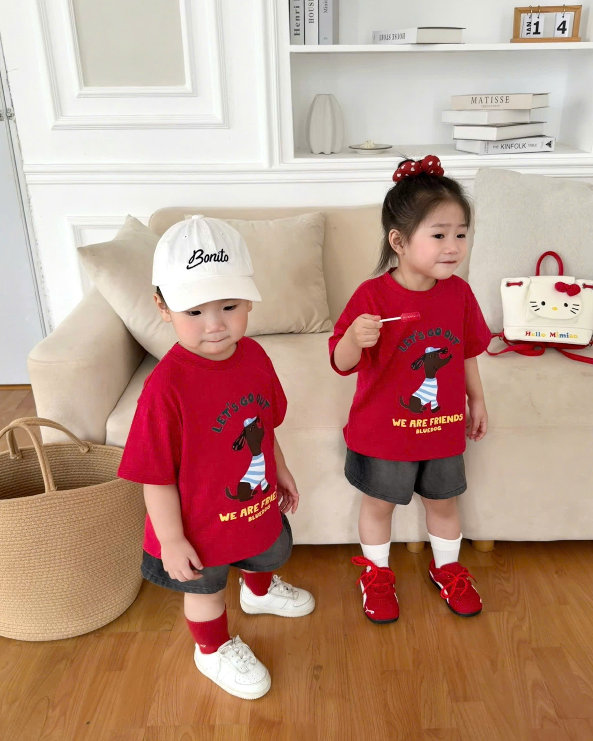 T343 - BỘ ĐÙI BÉ TRAI ÁO ĐỎ CHÓ LETS GO QUẦN BÒ XÁM