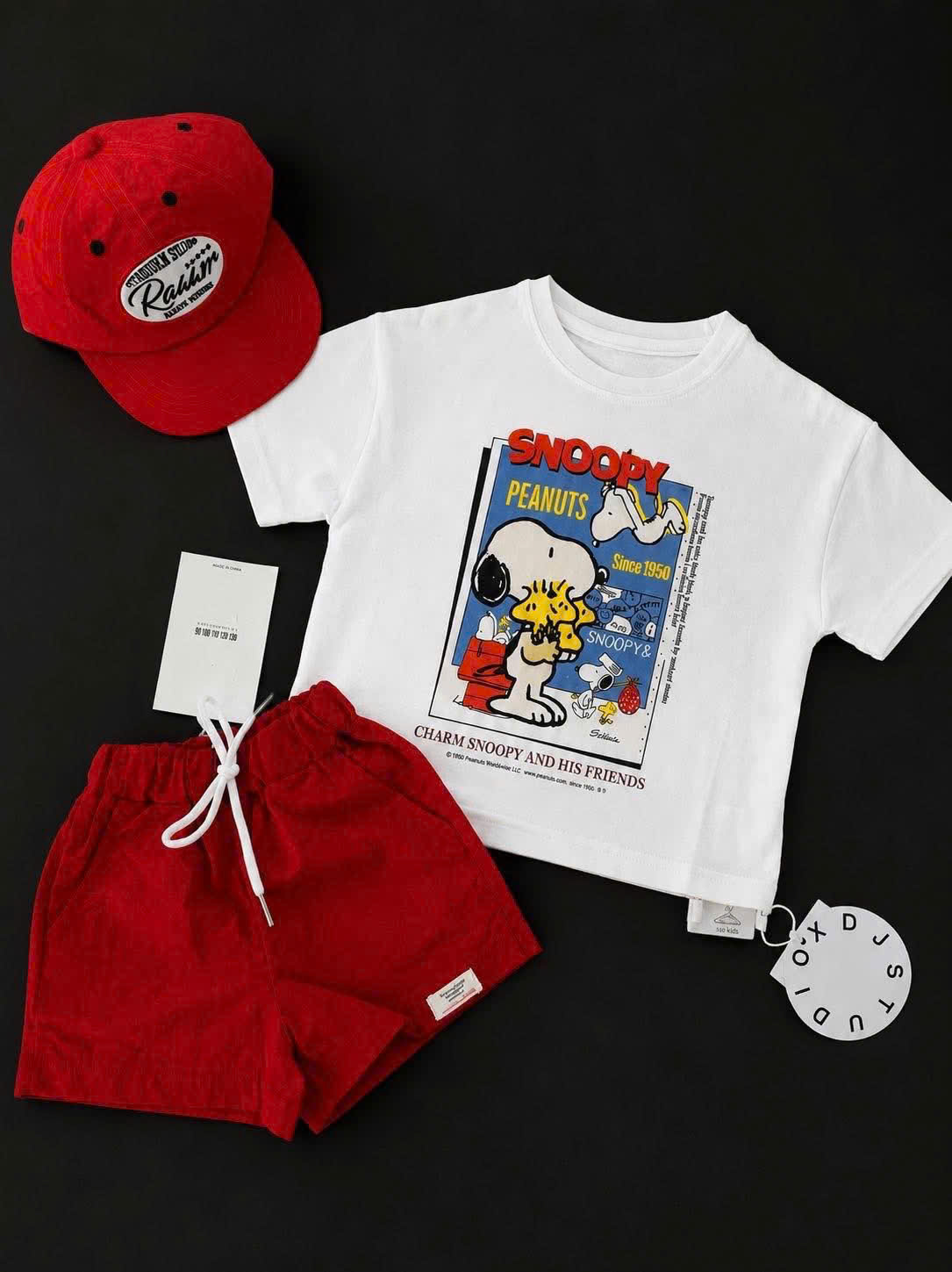 T344 - BỘ ĐÙI BÉ TRAI CHÓ SNOOPY QUẦN ĐỎ KÈM MŨ