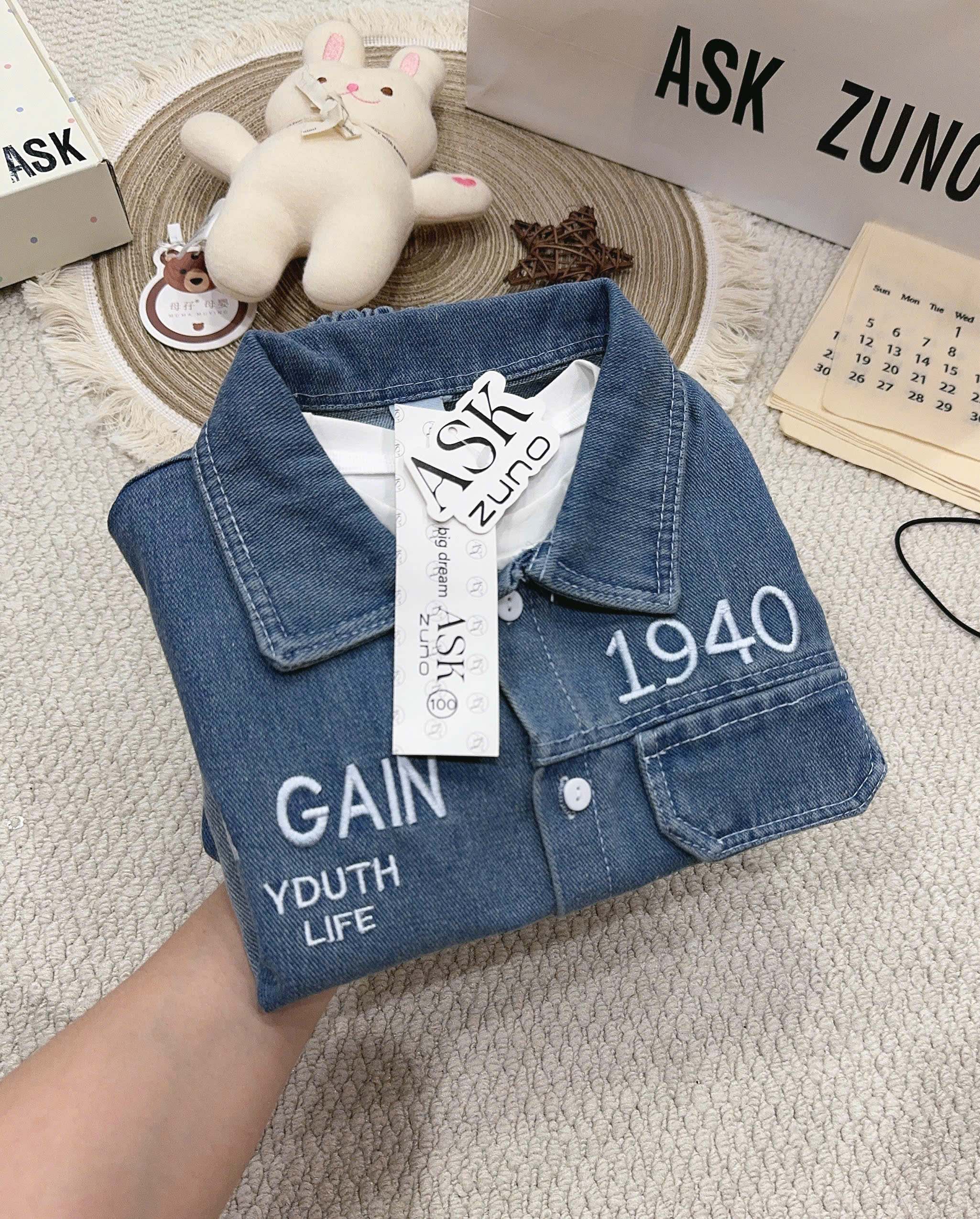 T347 - SET BÉ TRAI BỘ BÒ JEANS XANH 1940 KÈM ÁO THUN TRẮNG