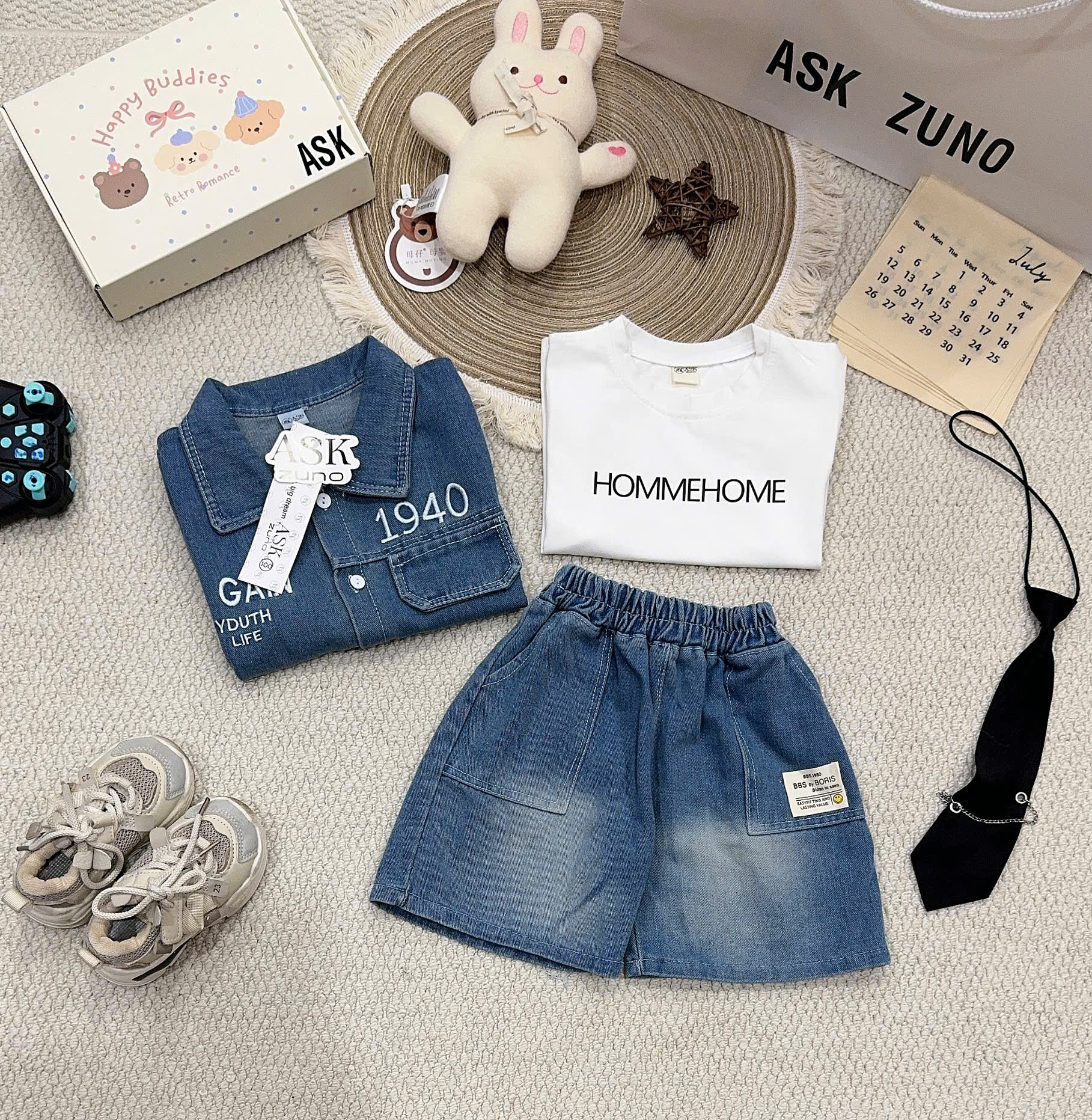 T347 - SET BÉ TRAI BỘ BÒ JEANS XANH 1940 KÈM ÁO THUN TRẮNG
