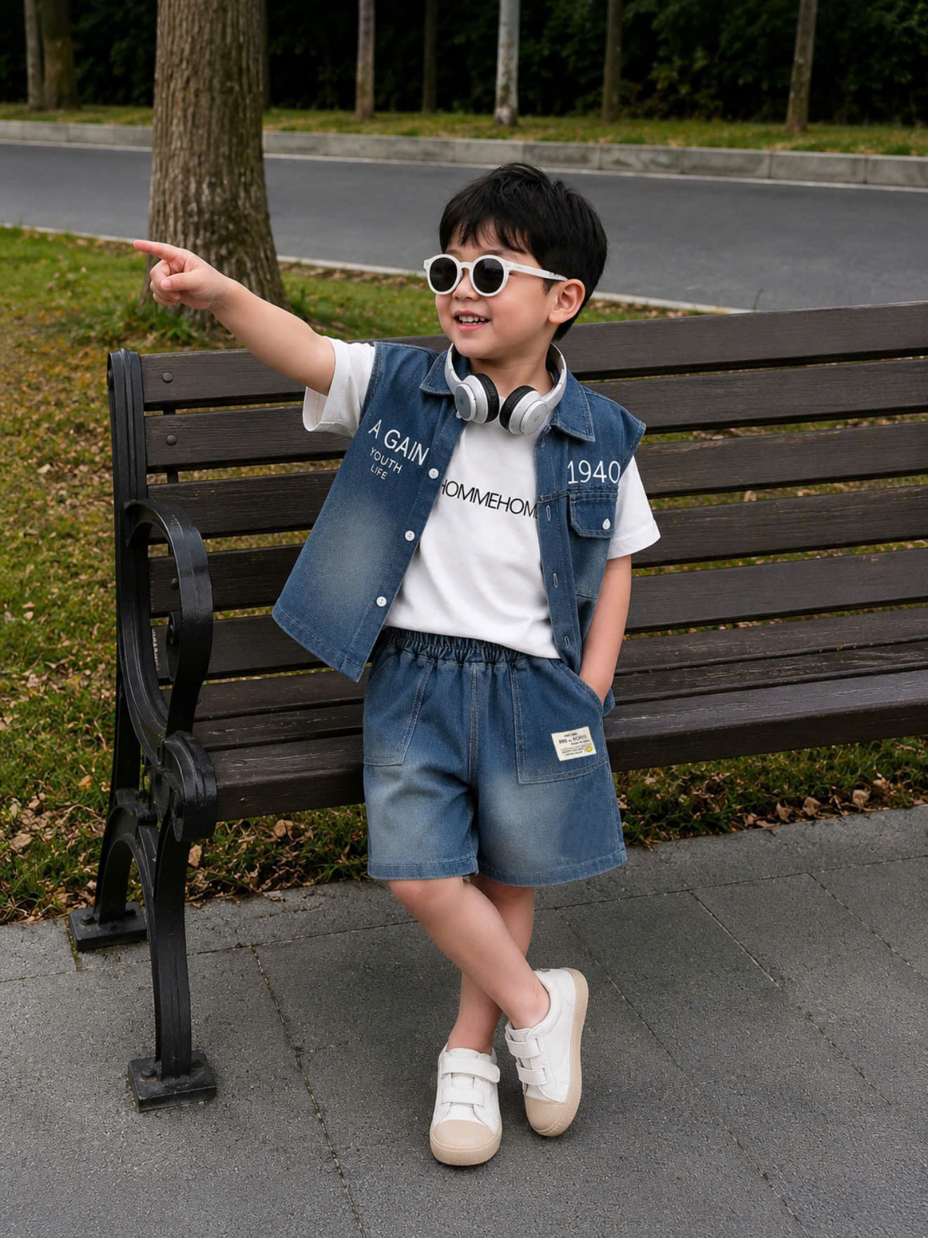 T347 - SET BÉ TRAI BỘ BÒ JEANS XANH 1940 KÈM ÁO THUN TRẮNG