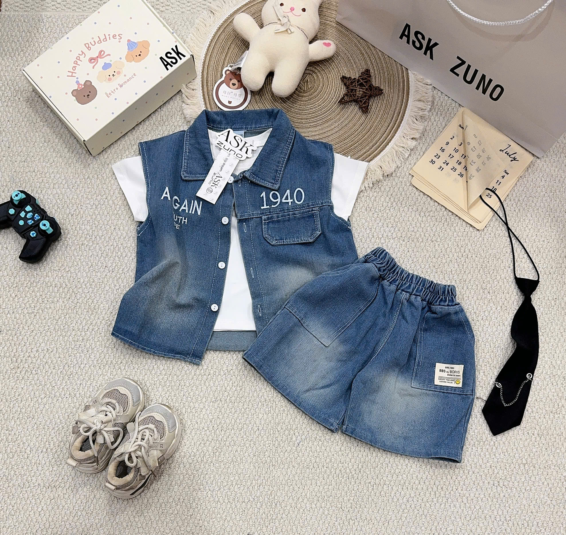 T347 - SET BÉ TRAI BỘ BÒ JEANS XANH 1940 KÈM ÁO THUN TRẮNG