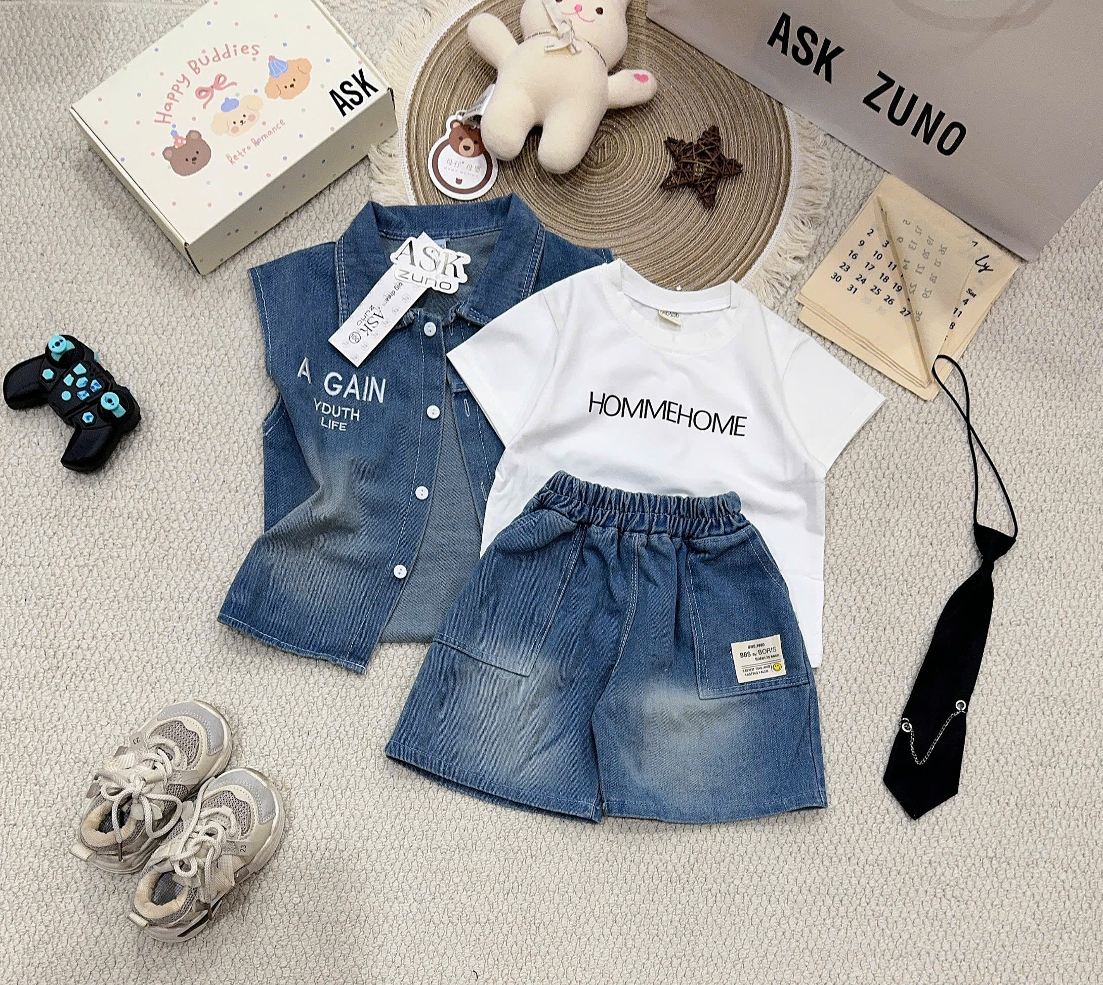 T347 - SET BÉ TRAI BỘ BÒ JEANS XANH 1940 KÈM ÁO THUN TRẮNG