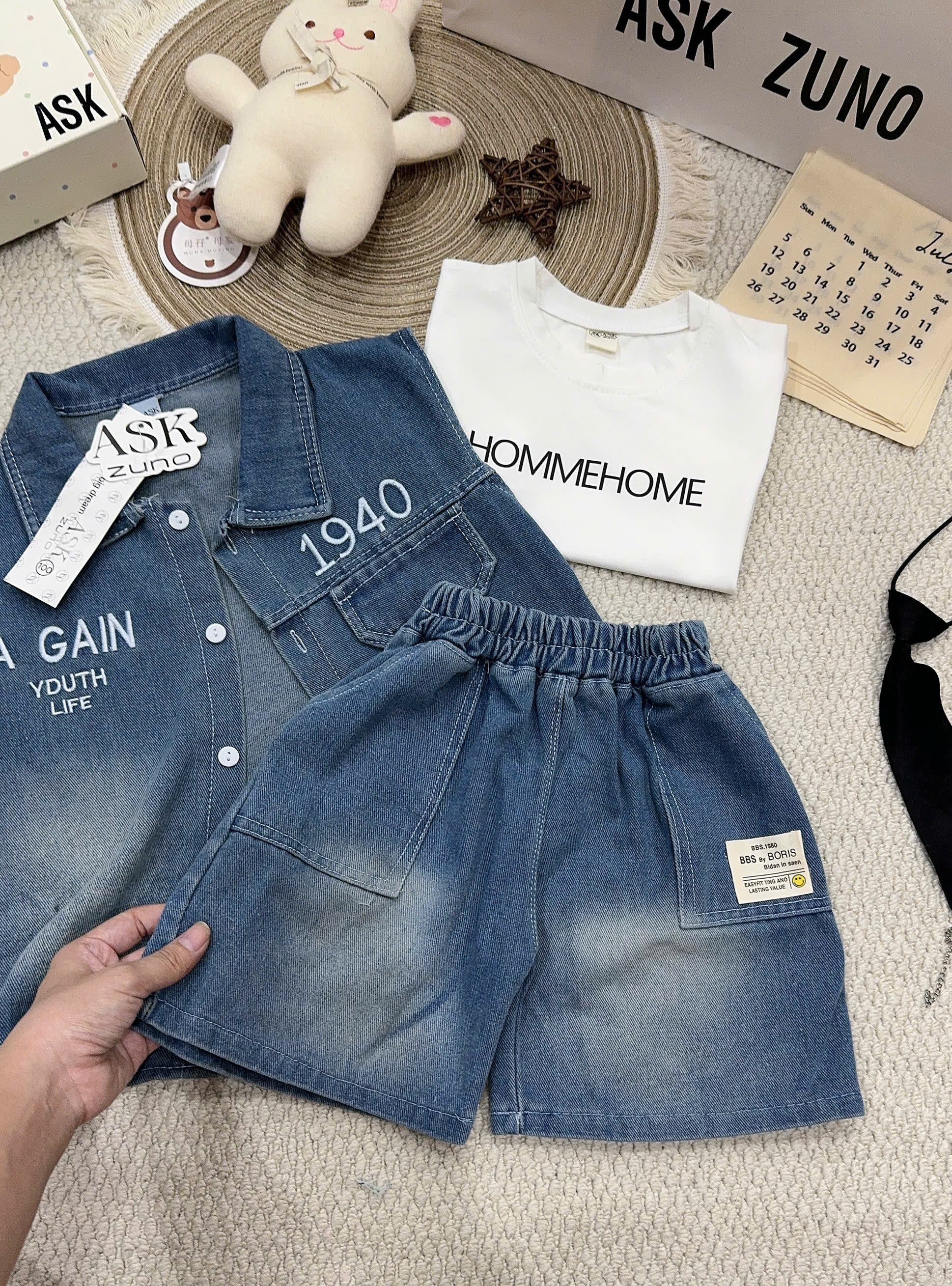 T347 - SET BÉ TRAI BỘ BÒ JEANS XANH 1940 KÈM ÁO THUN TRẮNG