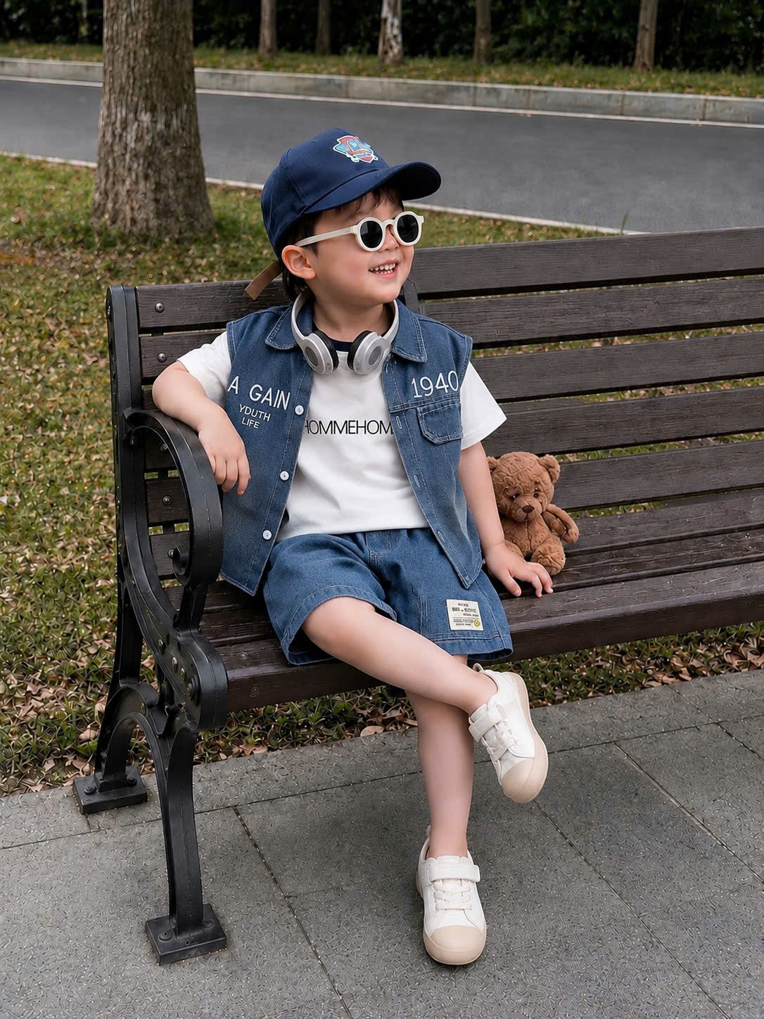 T347 - SET BÉ TRAI BỘ BÒ JEANS XANH 1940 KÈM ÁO THUN TRẮNG