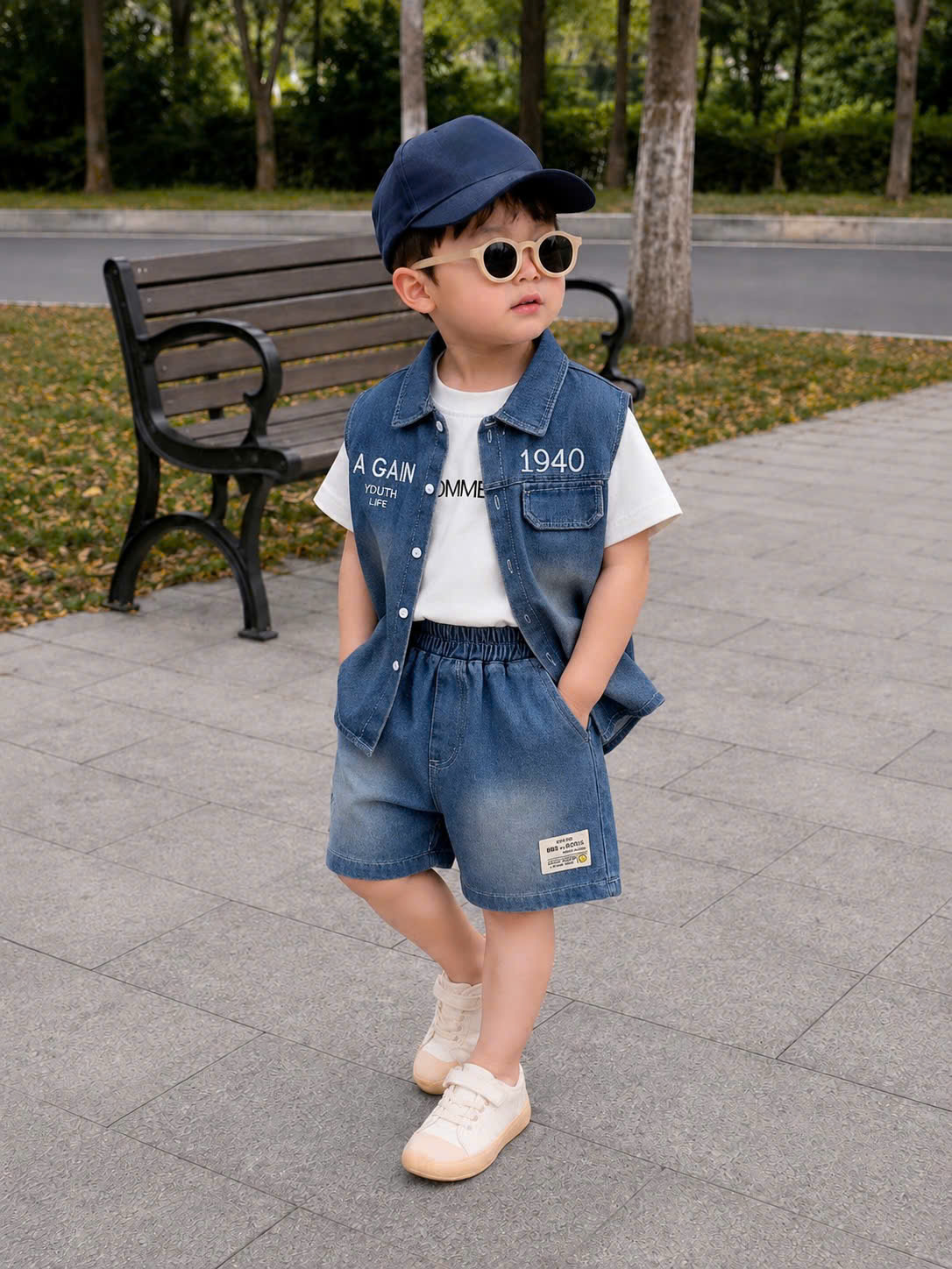 T347 - SET BÉ TRAI BỘ BÒ JEANS XANH 1940 KÈM ÁO THUN TRẮNG