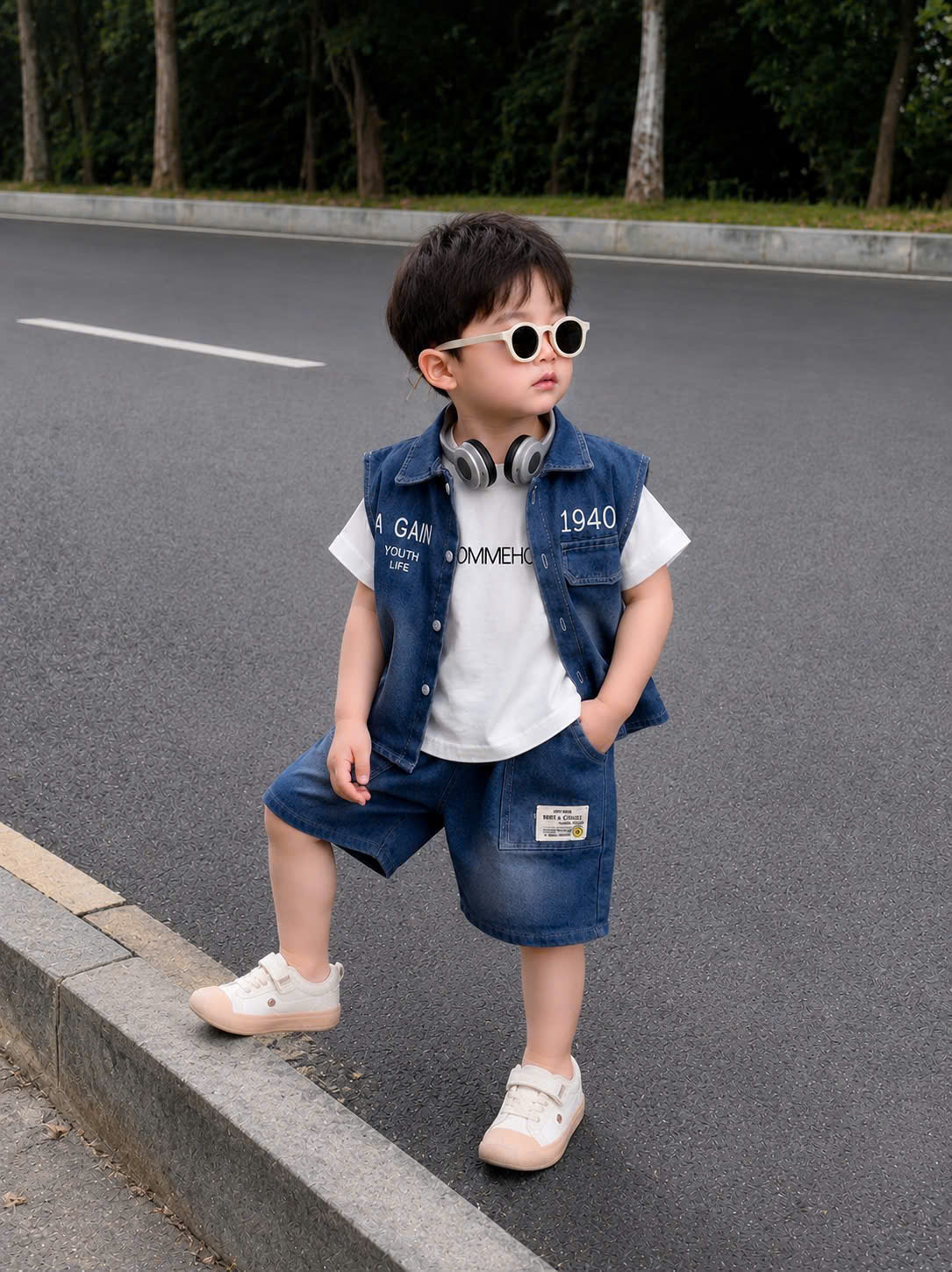 T347 - SET BÉ TRAI BỘ BÒ JEANS XANH 1940 KÈM ÁO THUN TRẮNG