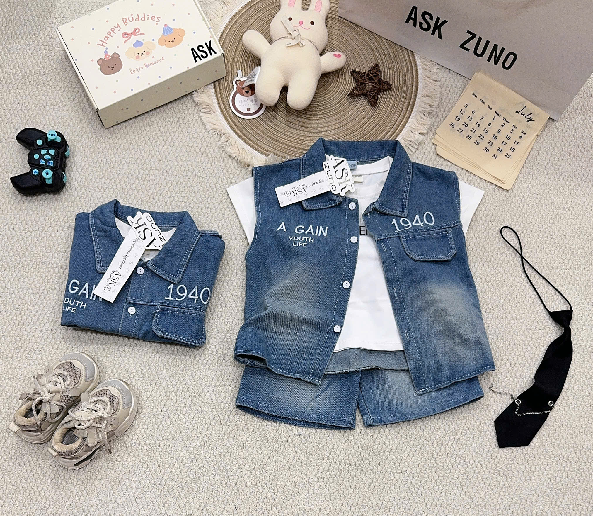 T347 - SET BÉ TRAI BỘ BÒ JEANS XANH 1940 KÈM ÁO THUN TRẮNG
