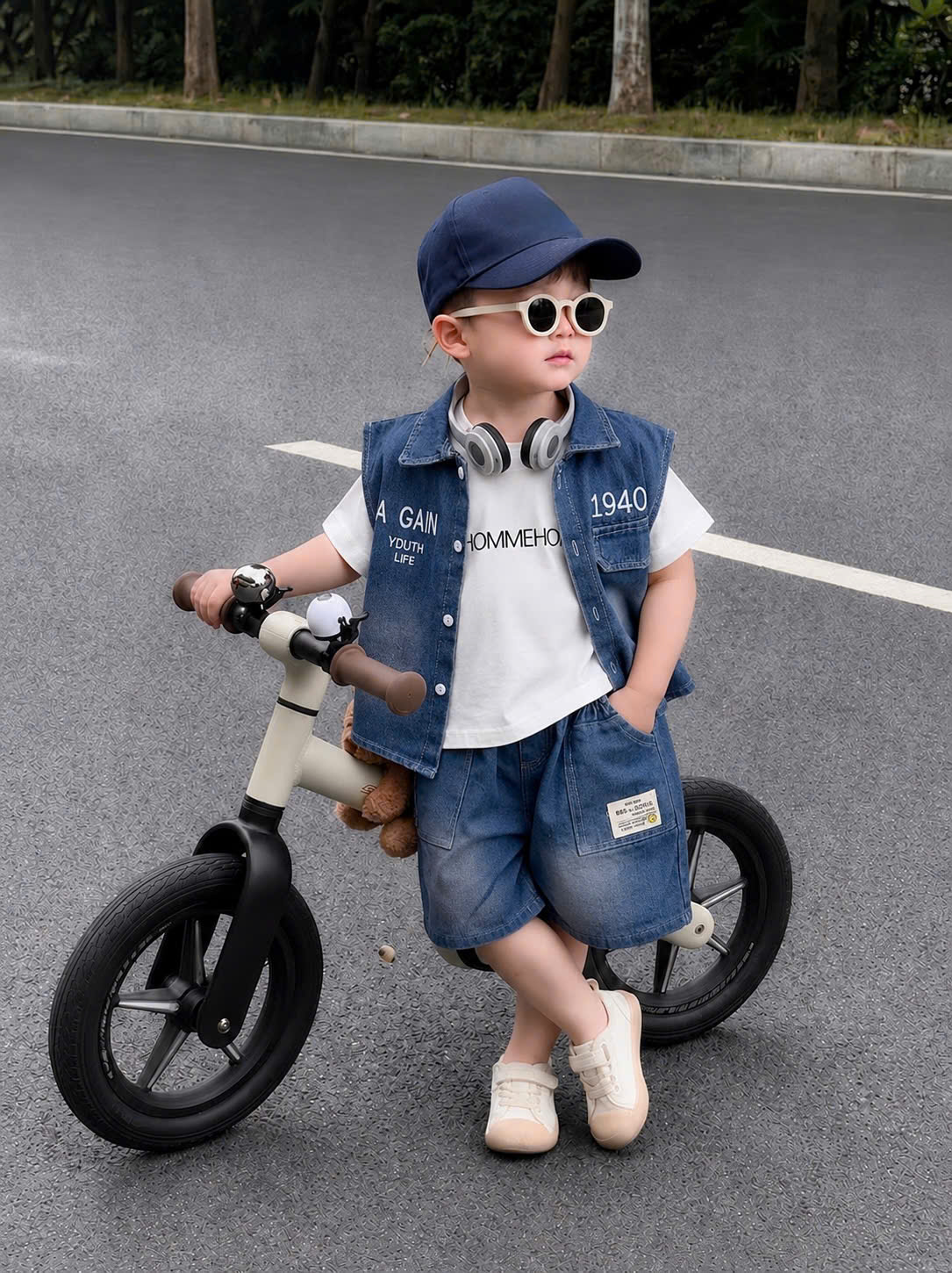 T347 - SET BÉ TRAI BỘ BÒ JEANS XANH 1940 KÈM ÁO THUN TRẮNG
