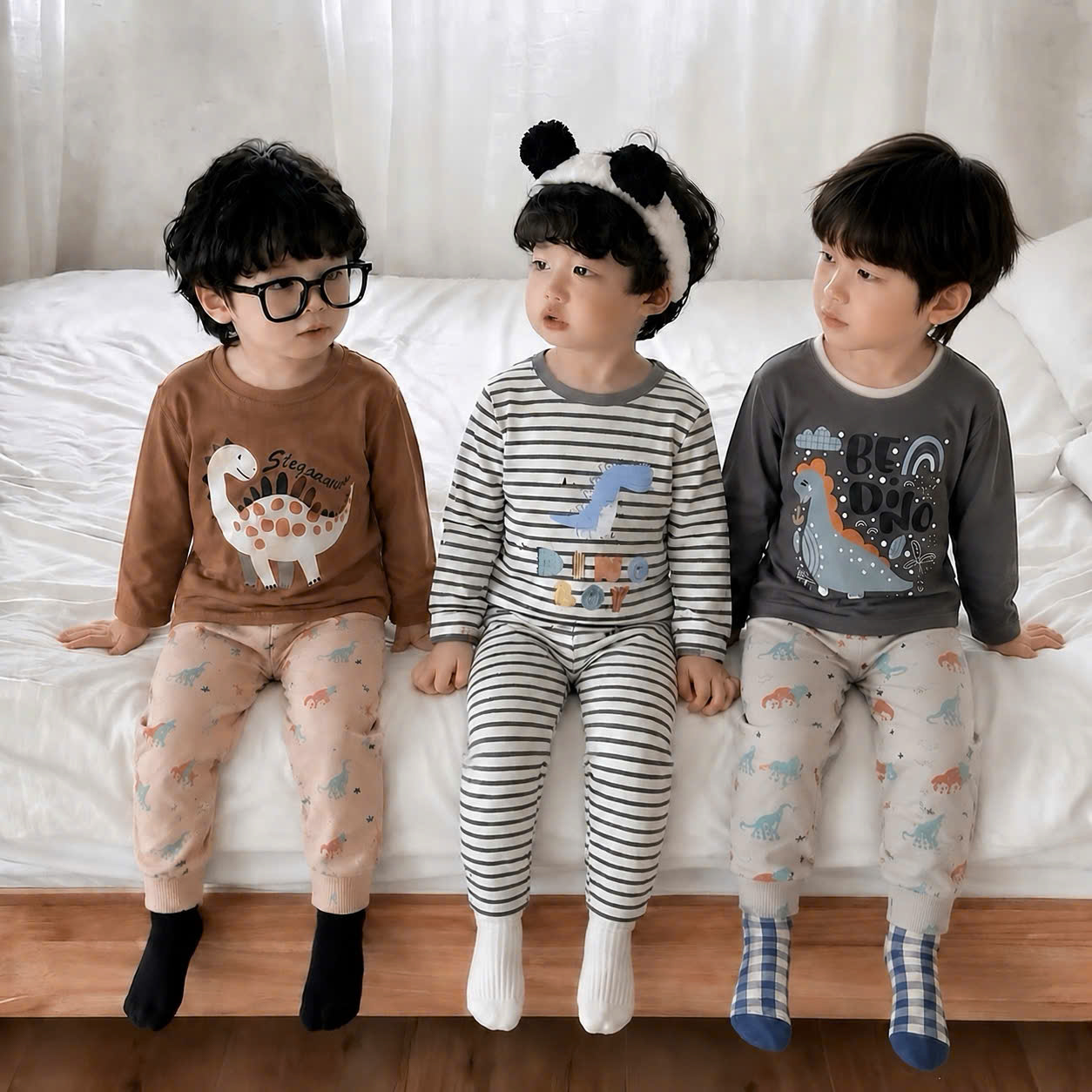 (chờ) T348 - SET 3 BỘ BÉ TRAI DÀI TAY KHỦNG LONG nâu xám kẻ