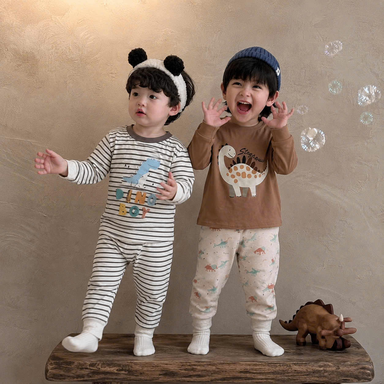 (chờ) T348 - SET 3 BỘ BÉ TRAI DÀI TAY KHỦNG LONG nâu xám kẻ