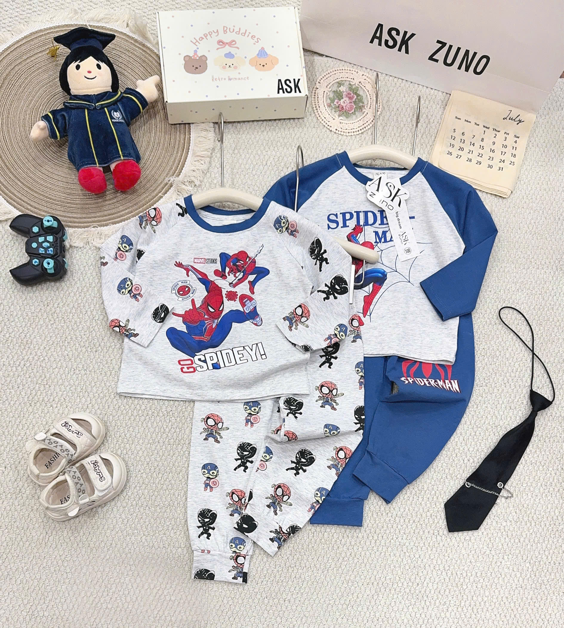 T356 - SET 2 BỘ BÉ TRAI DÀI TAY SPIDERMAN xanh xám