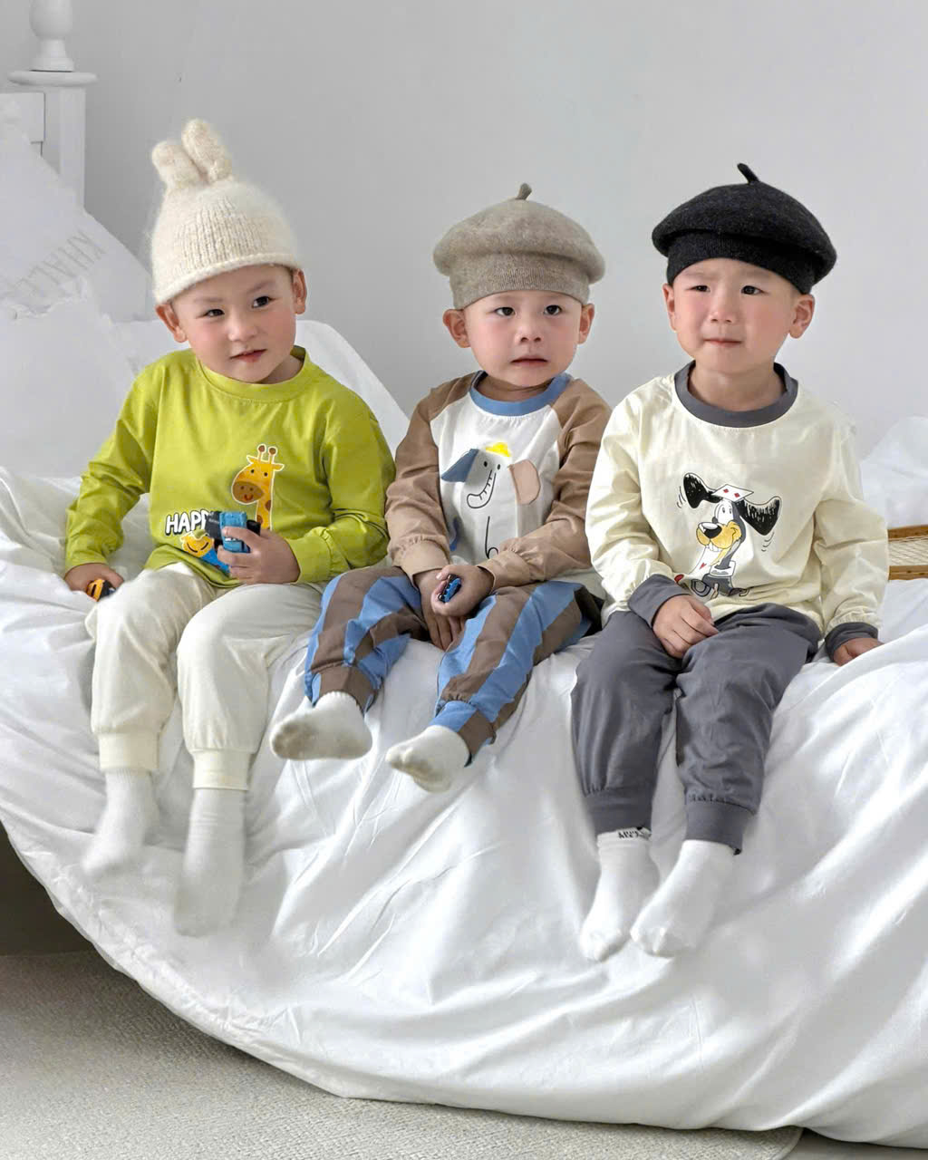 T358 - SET 3 BỘ BÉ TRAI DÀI TAY VOI HƯƠU xanh be trắng