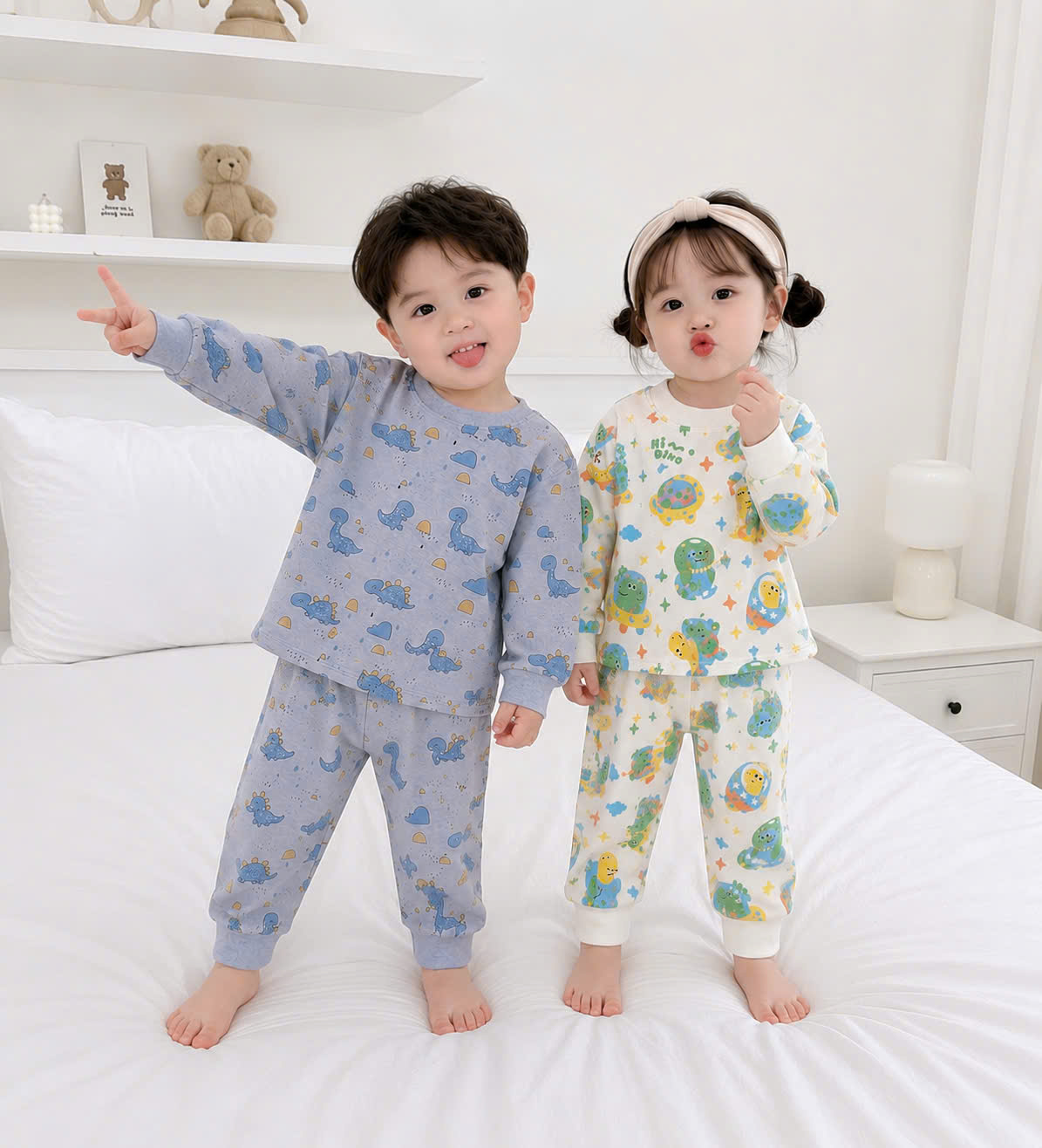 T366 - SET 2 BỘ BÉ TRAI DÀI TAY KHỦNG LONG XANH Hi Dino