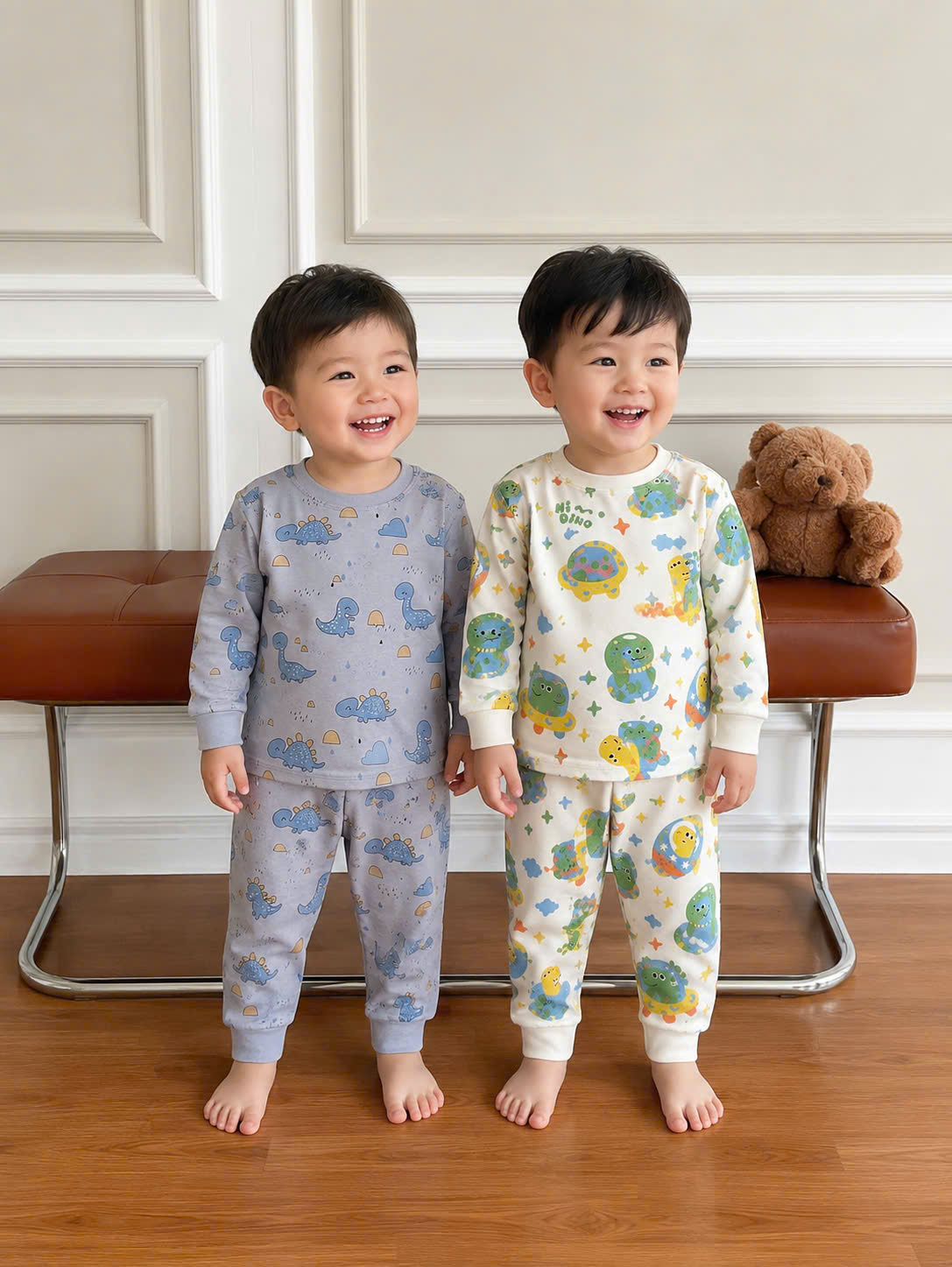 T366 - SET 2 BỘ BÉ TRAI DÀI TAY KHỦNG LONG XANH Hi Dino