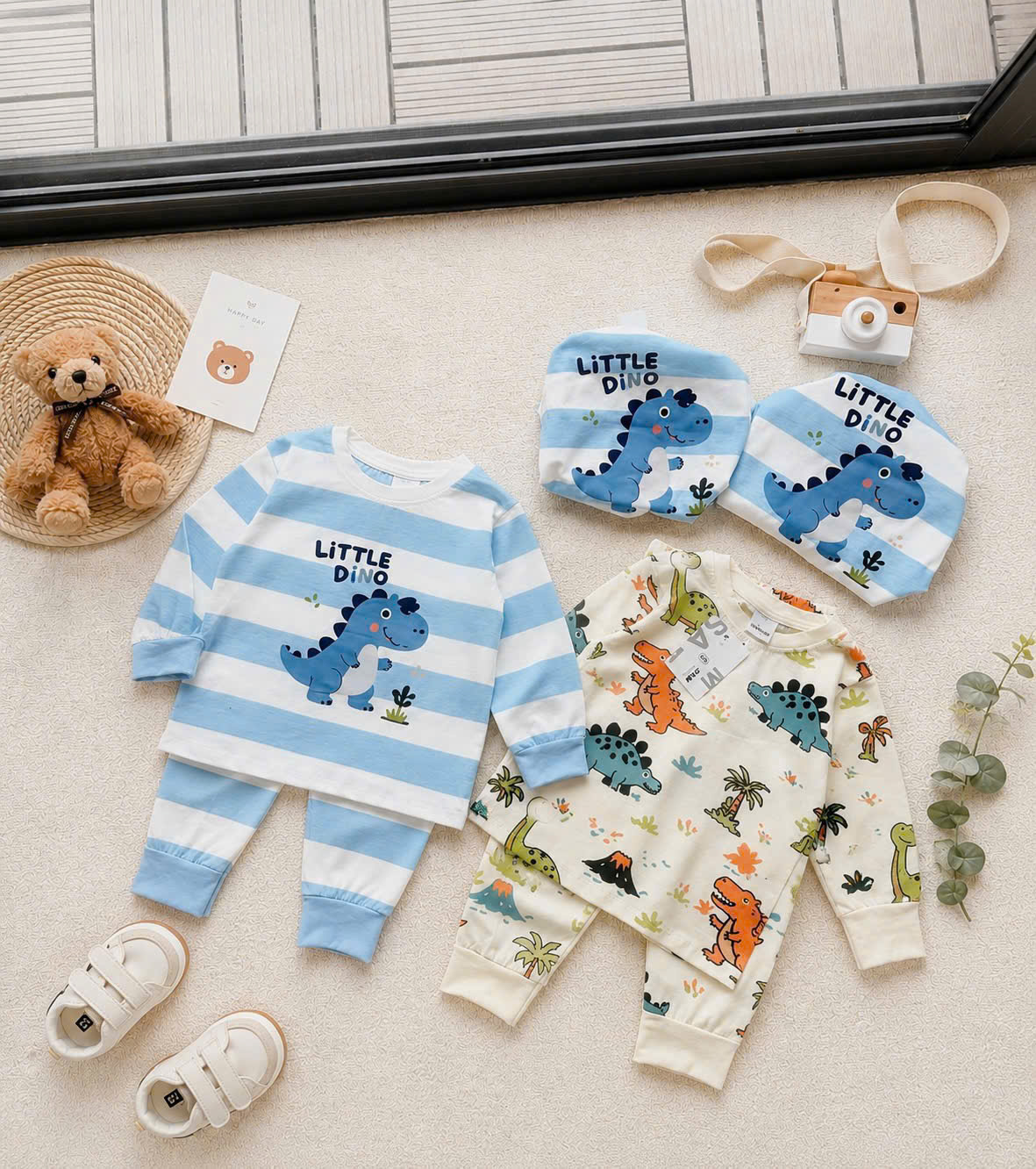 T373 - SET 2 BỘ BÉ TRAI DÀI KHỦNG LONG LITTLE xanh be