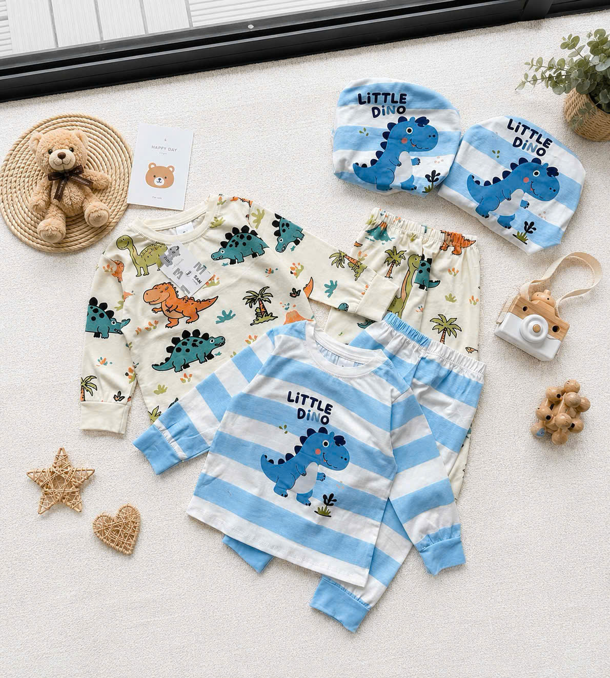 T373 - SET 2 BỘ BÉ TRAI DÀI KHỦNG LONG LITTLE xanh be