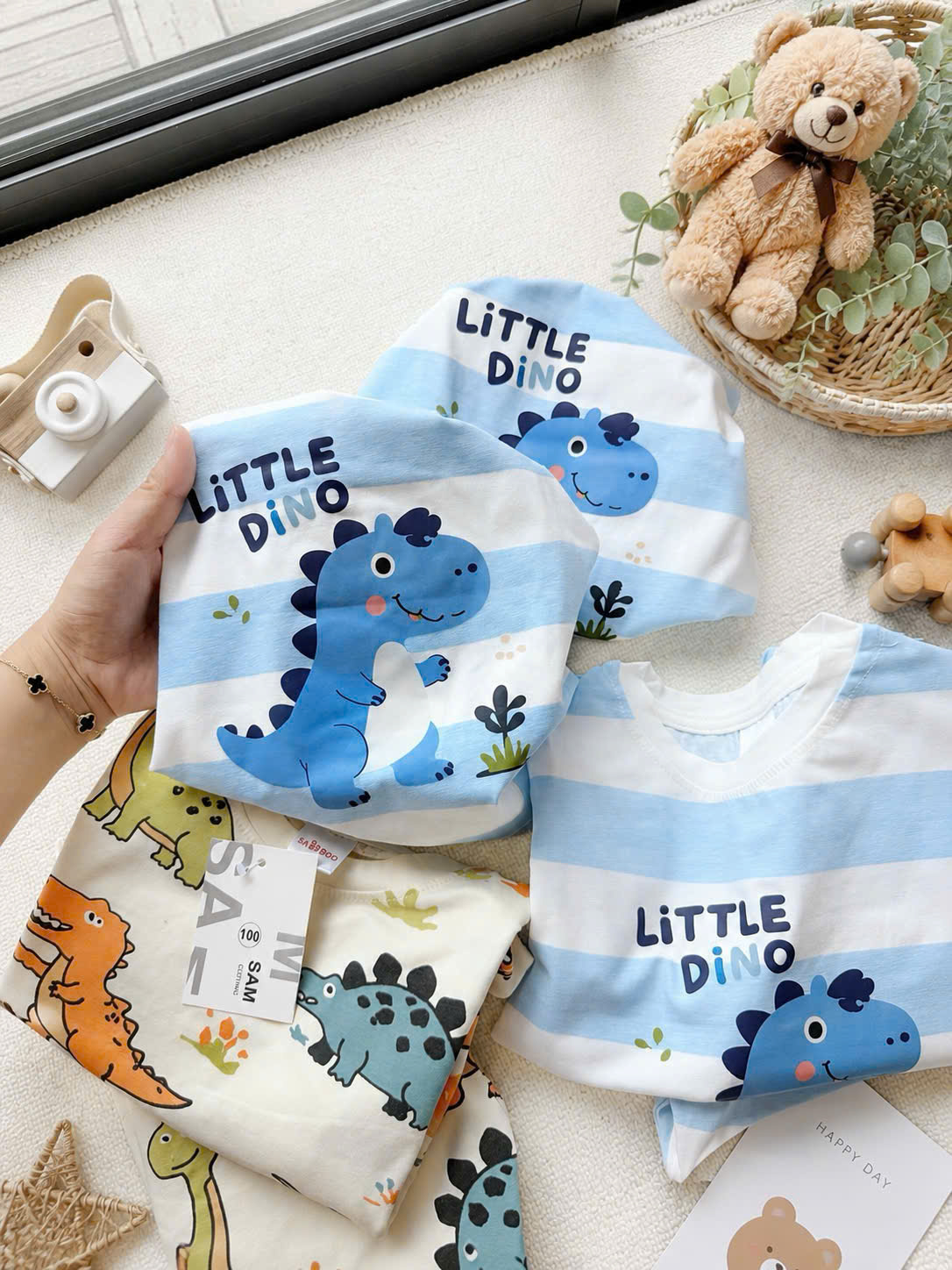 T373 - SET 2 BỘ BÉ TRAI DÀI KHỦNG LONG LITTLE xanh be