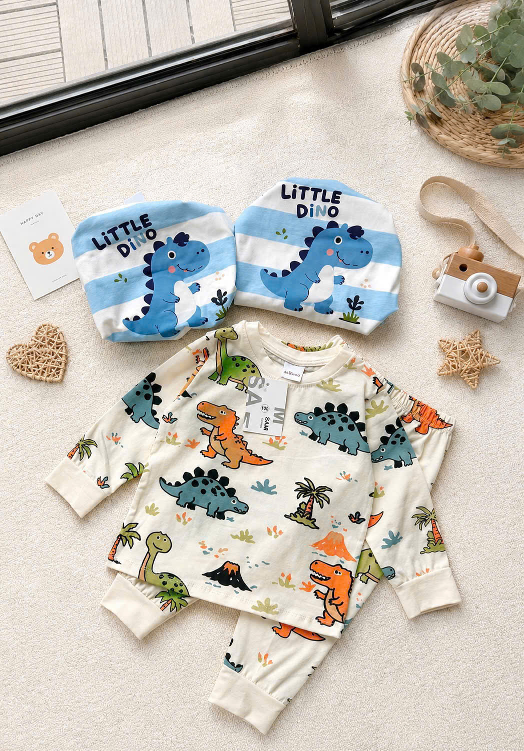 T373 - SET 2 BỘ BÉ TRAI DÀI KHỦNG LONG LITTLE xanh be