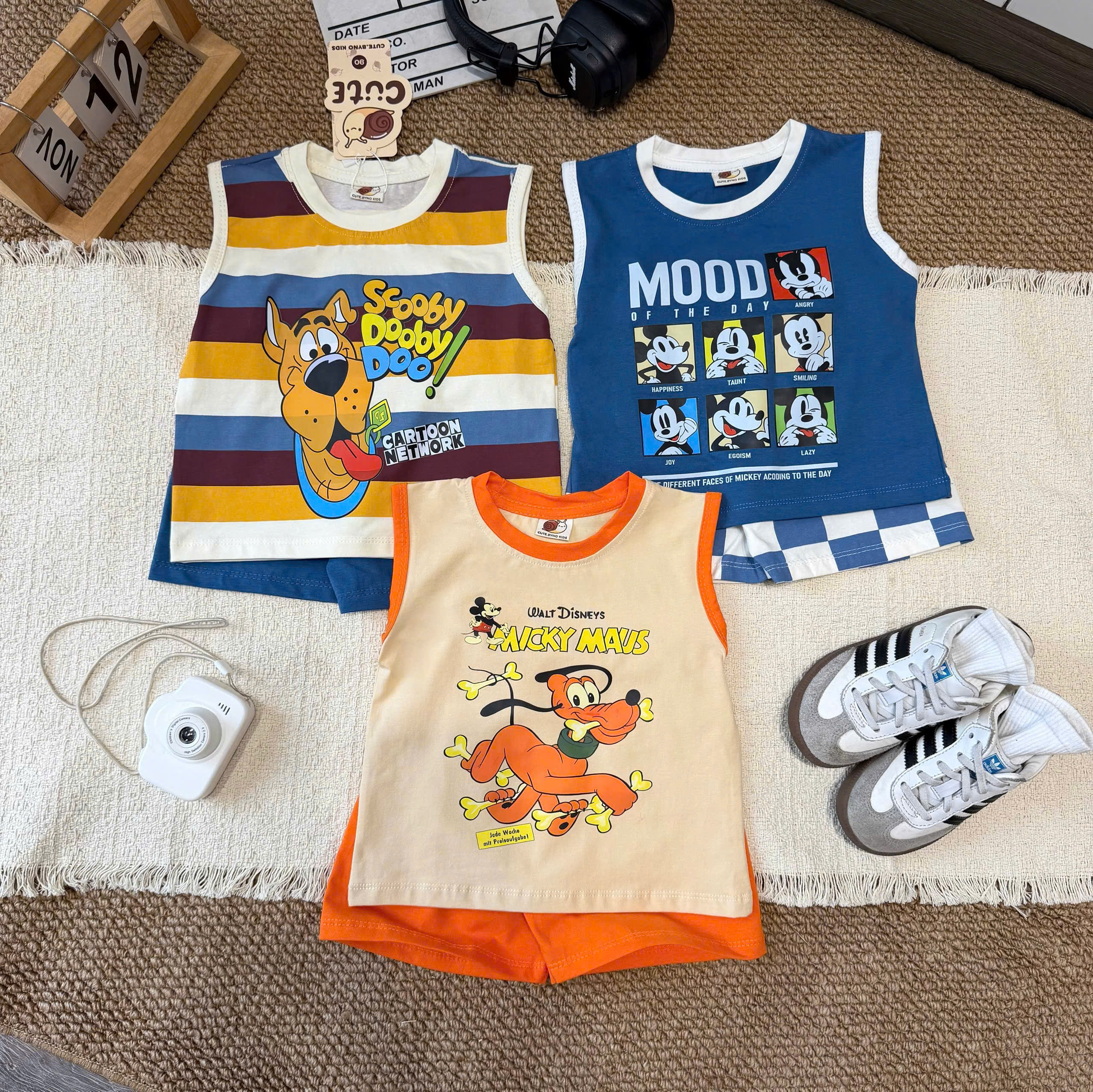 T376 - SET 3 BỘ ĐÙI BÉ TRAI BA LỖ SCOOBY DOO xanh cam kẻ