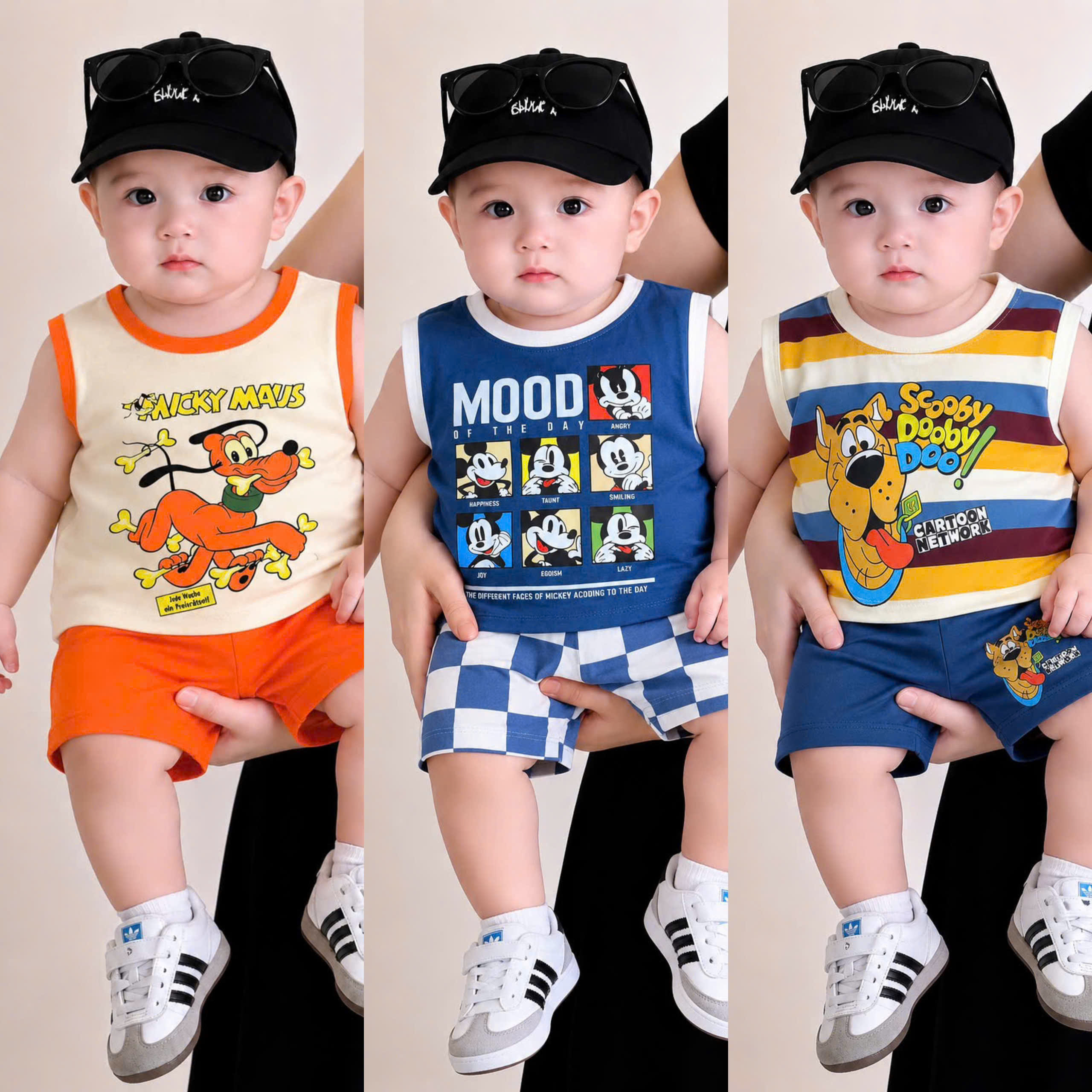 T376 - SET 3 BỘ ĐÙI BÉ TRAI BA LỖ SCOOBY DOO xanh cam kẻ