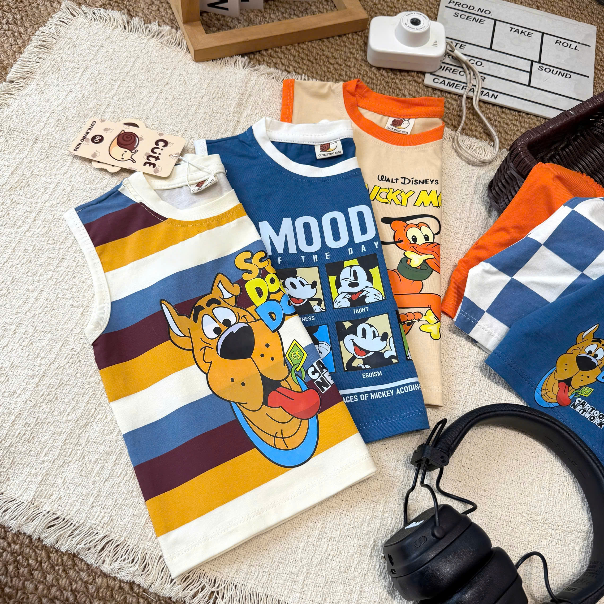 T376 - SET 3 BỘ ĐÙI BÉ TRAI BA LỖ SCOOBY DOO xanh cam kẻ