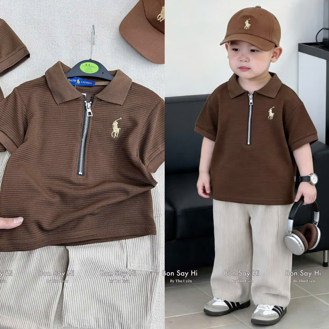 T377 - SET BÉ TRAI ÁO POLO CỔ KHÓA KỊ SĨ QUẦN DÀI KÈM MŨ