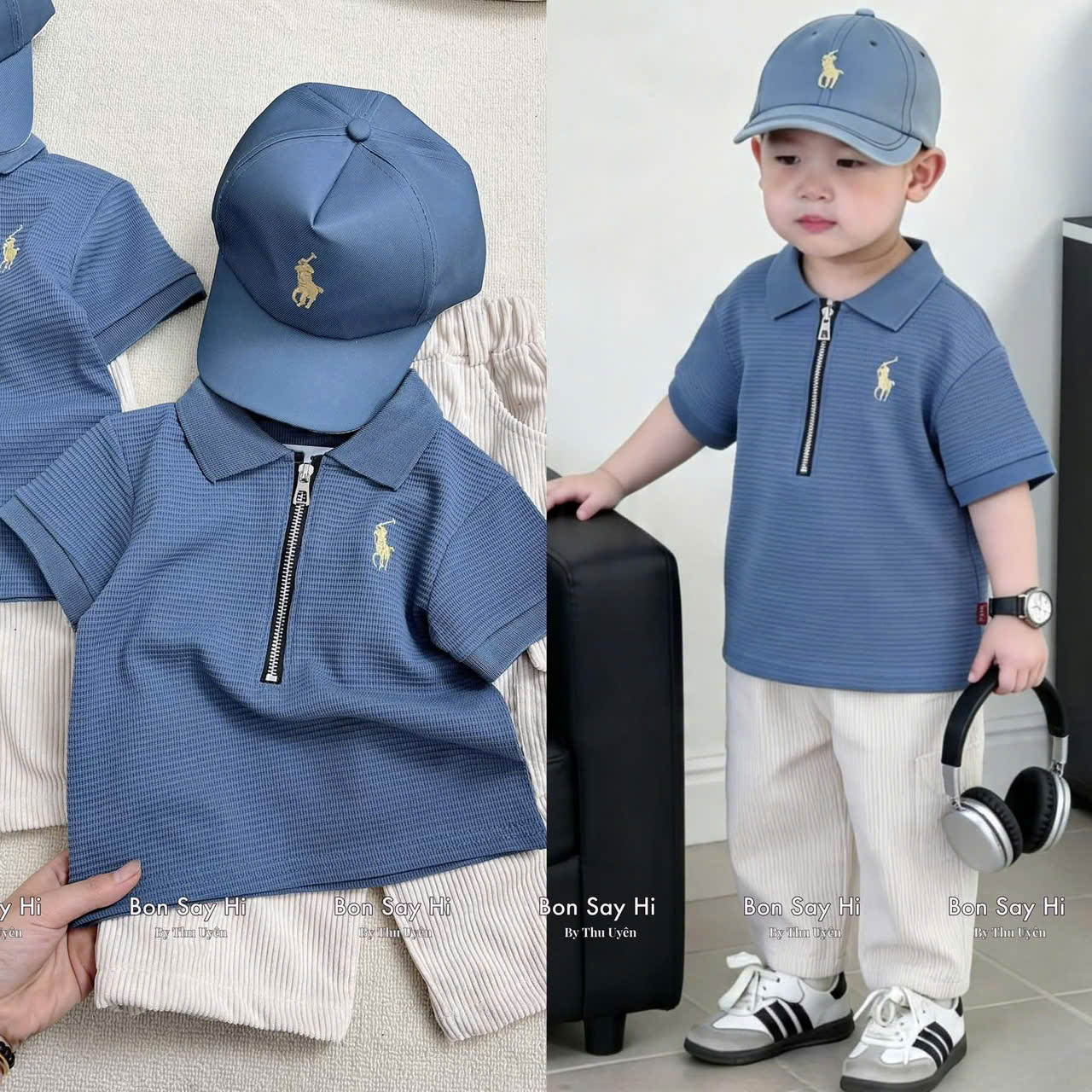 T377 - SET BÉ TRAI ÁO POLO CỔ KHÓA KỊ SĨ QUẦN DÀI KÈM MŨ