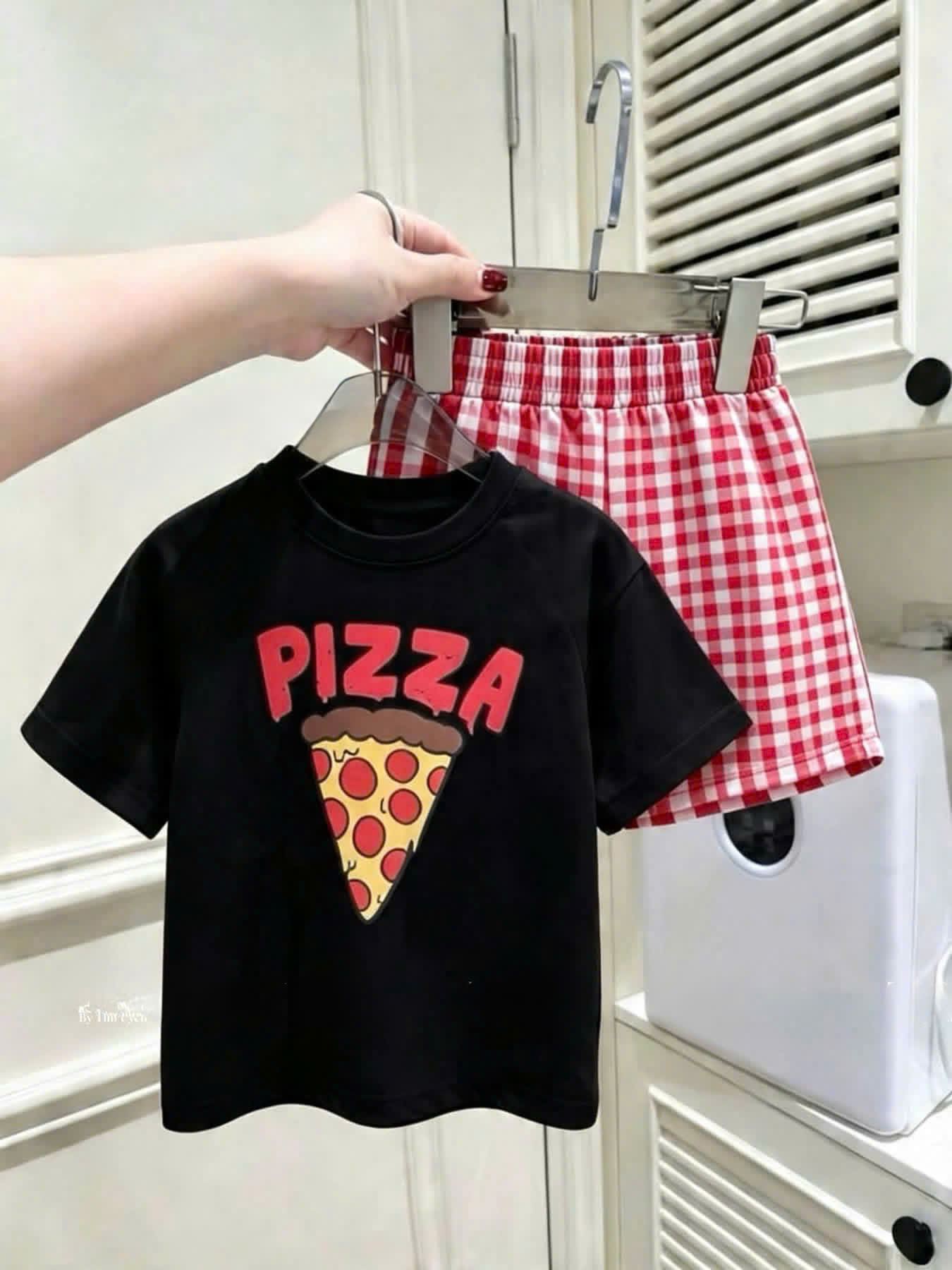 T387 - SET 2 BỘ ĐÙI BÉ TRAI ÁO PIZZA QUẦN KẺ đen xanh