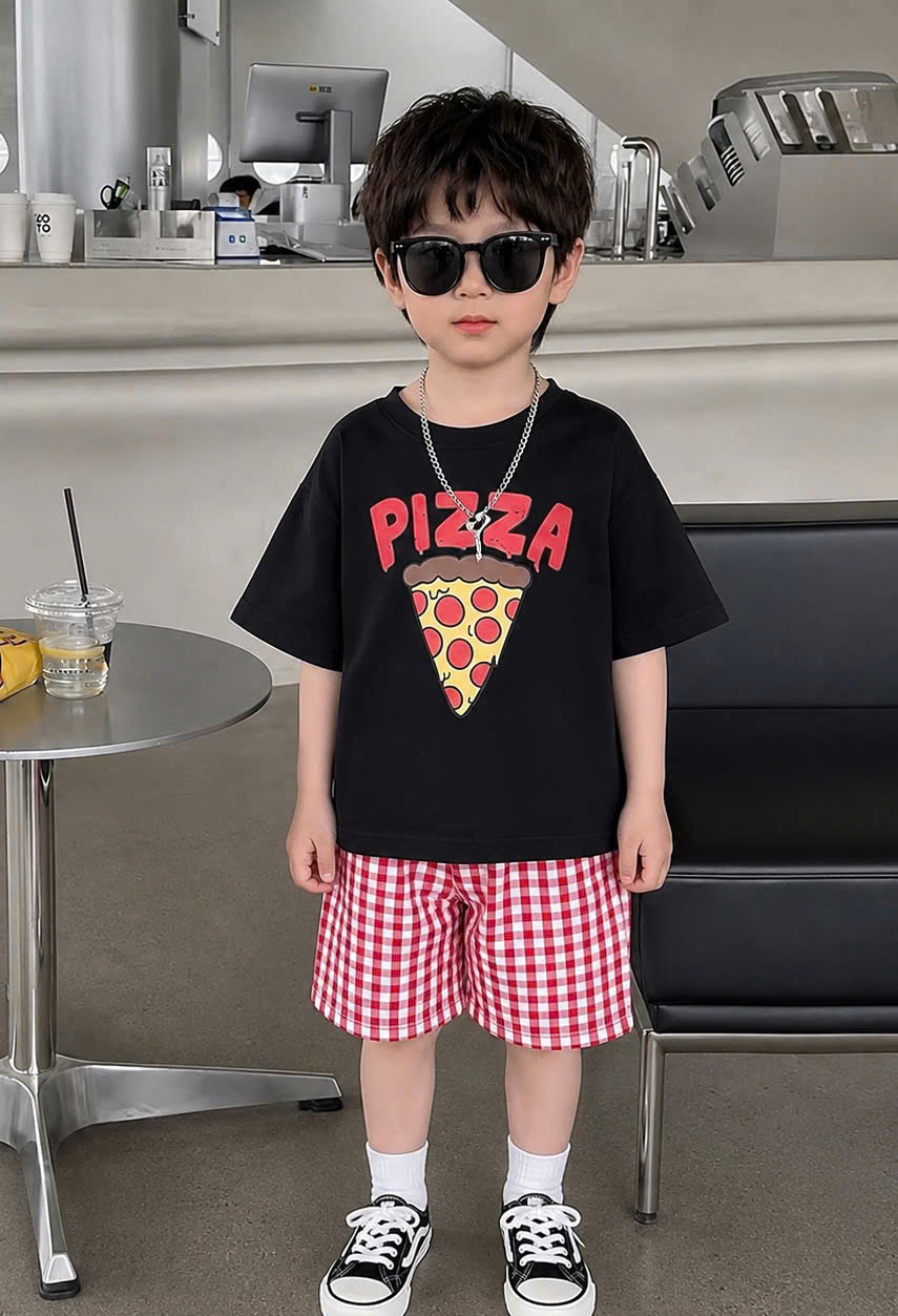 T387 - SET 2 BỘ ĐÙI BÉ TRAI ÁO PIZZA QUẦN KẺ đen xanh