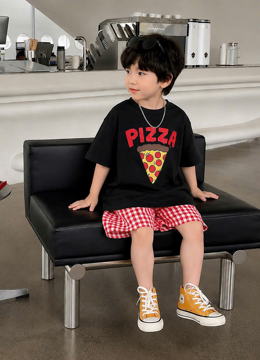 T387 - SET 2 BỘ ĐÙI BÉ TRAI ÁO PIZZA QUẦN KẺ đen xanh