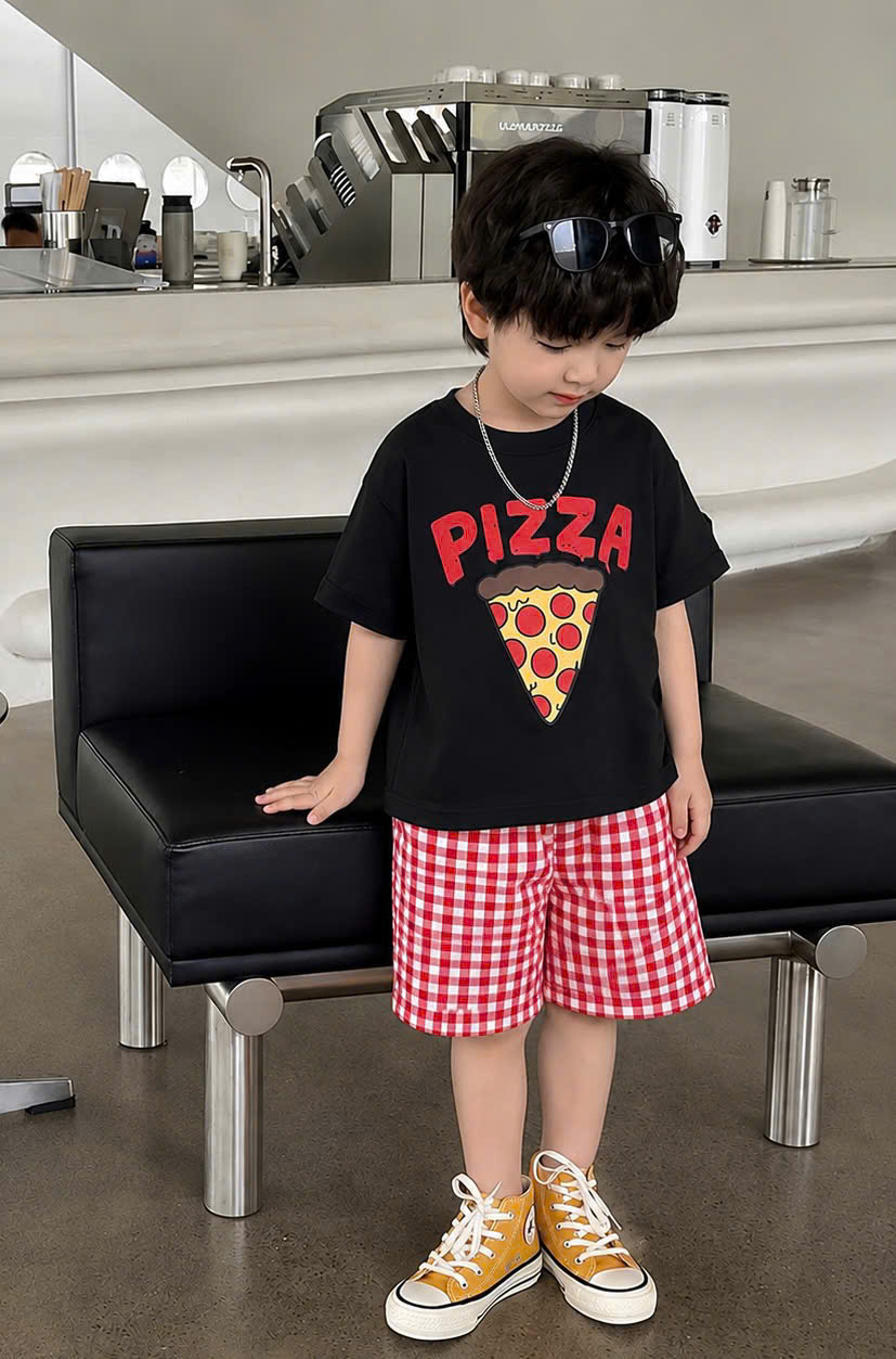 T387 - SET 2 BỘ ĐÙI BÉ TRAI ÁO PIZZA QUẦN KẺ đen xanh