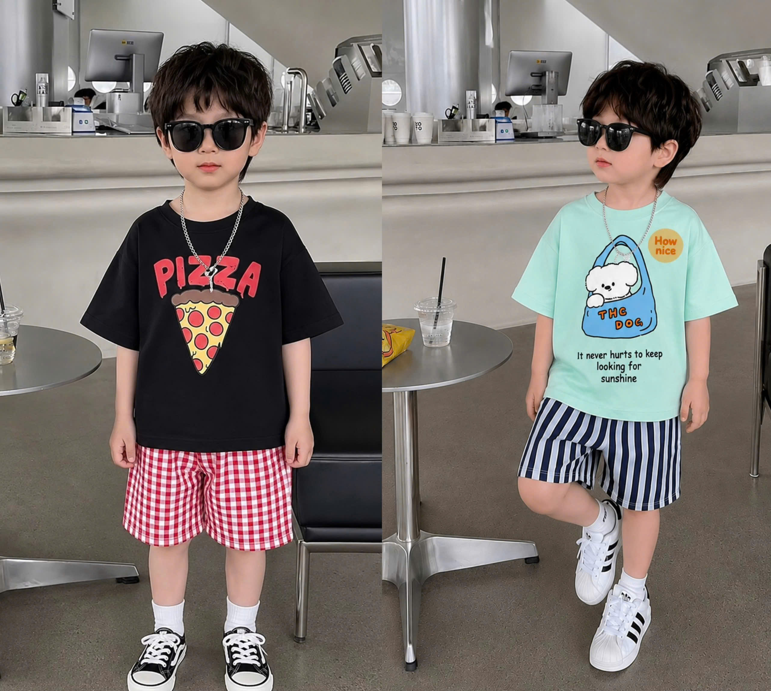 T387 - SET 2 BỘ ĐÙI BÉ TRAI ÁO PIZZA QUẦN KẺ đen xanh