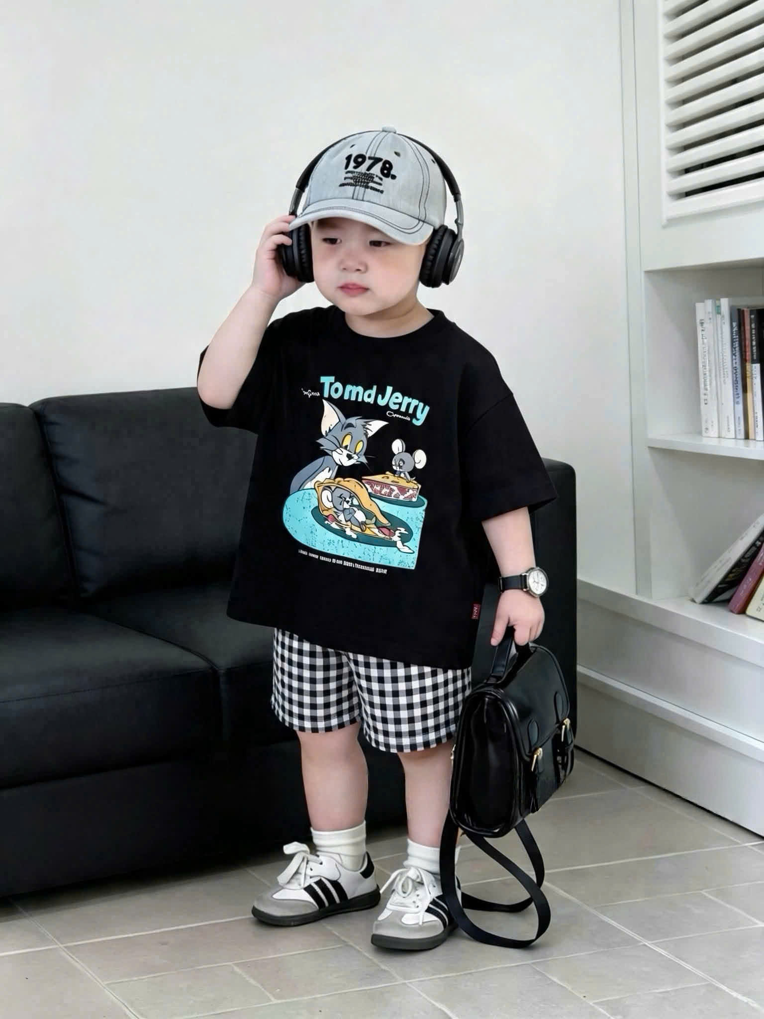 T388 - SET 2 BỘ ĐÙI BÉ TRAI TOM JERRY VỊT DIPPOBLE QUẦN KẺ đen xanh
