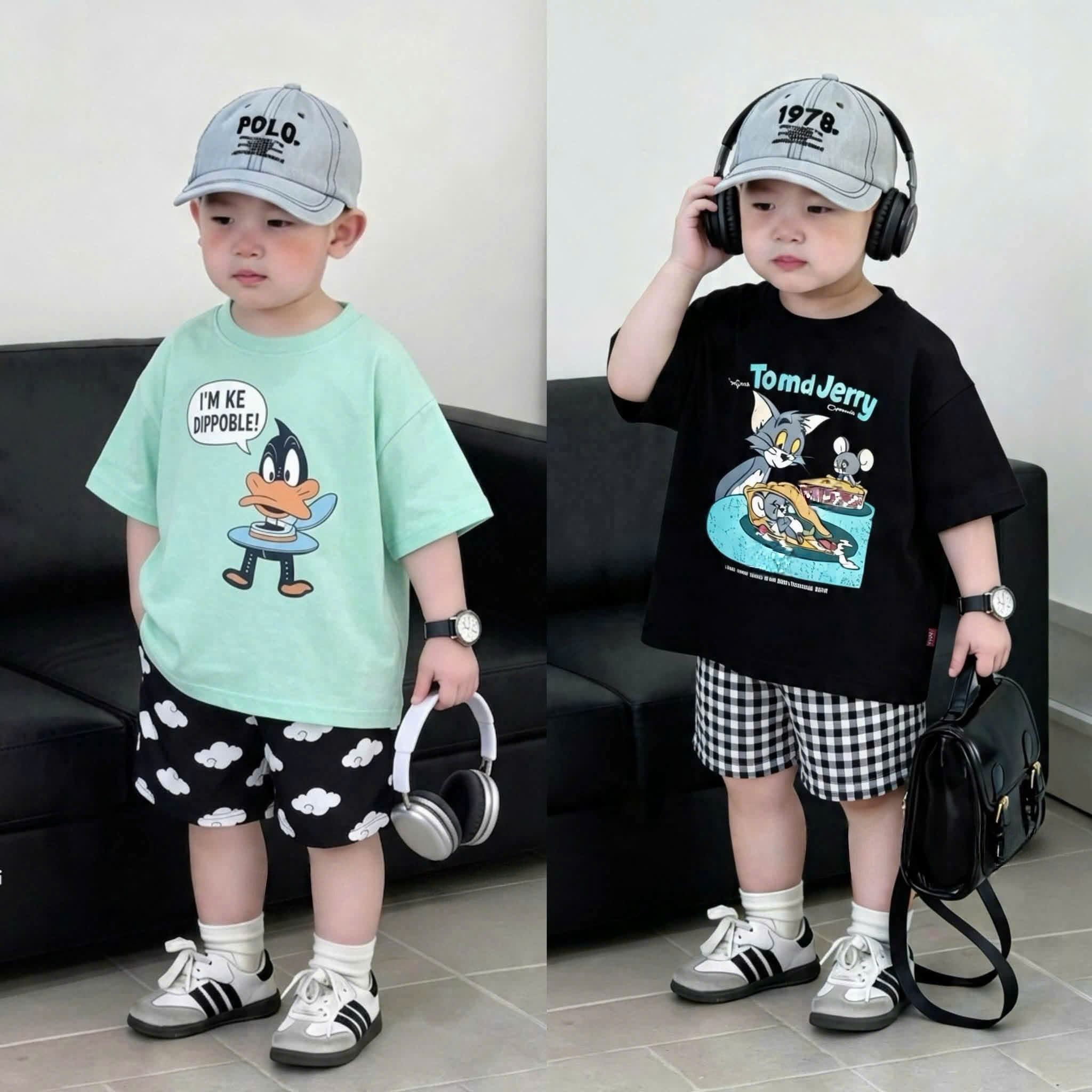 T388 - SET 2 BỘ ĐÙI BÉ TRAI TOM JERRY VỊT DIPPOBLE QUẦN KẺ đen xanh
